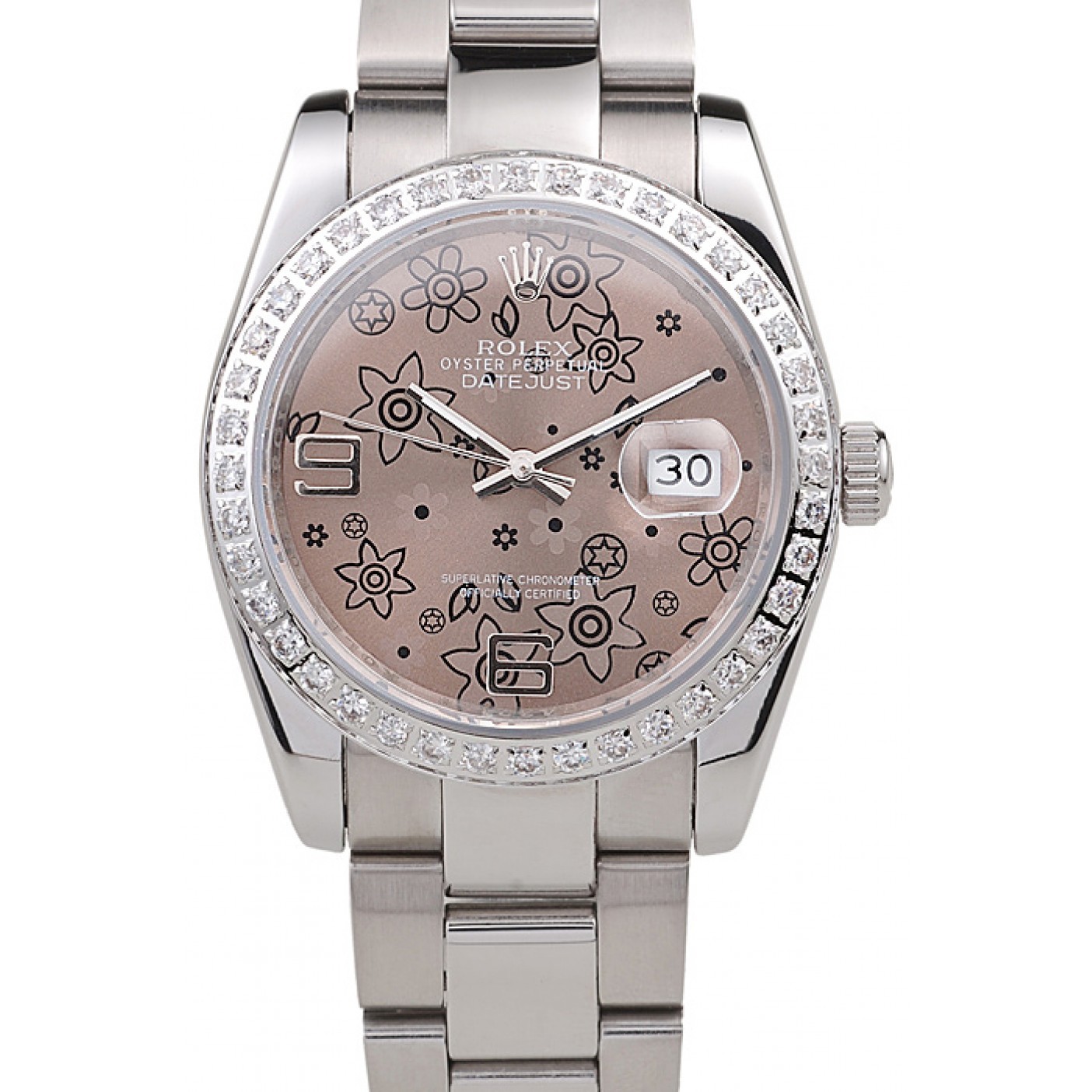 MiroTime Rolex Datejust Polished Stainless Steel Brown Flowers Dial Diamond Plated