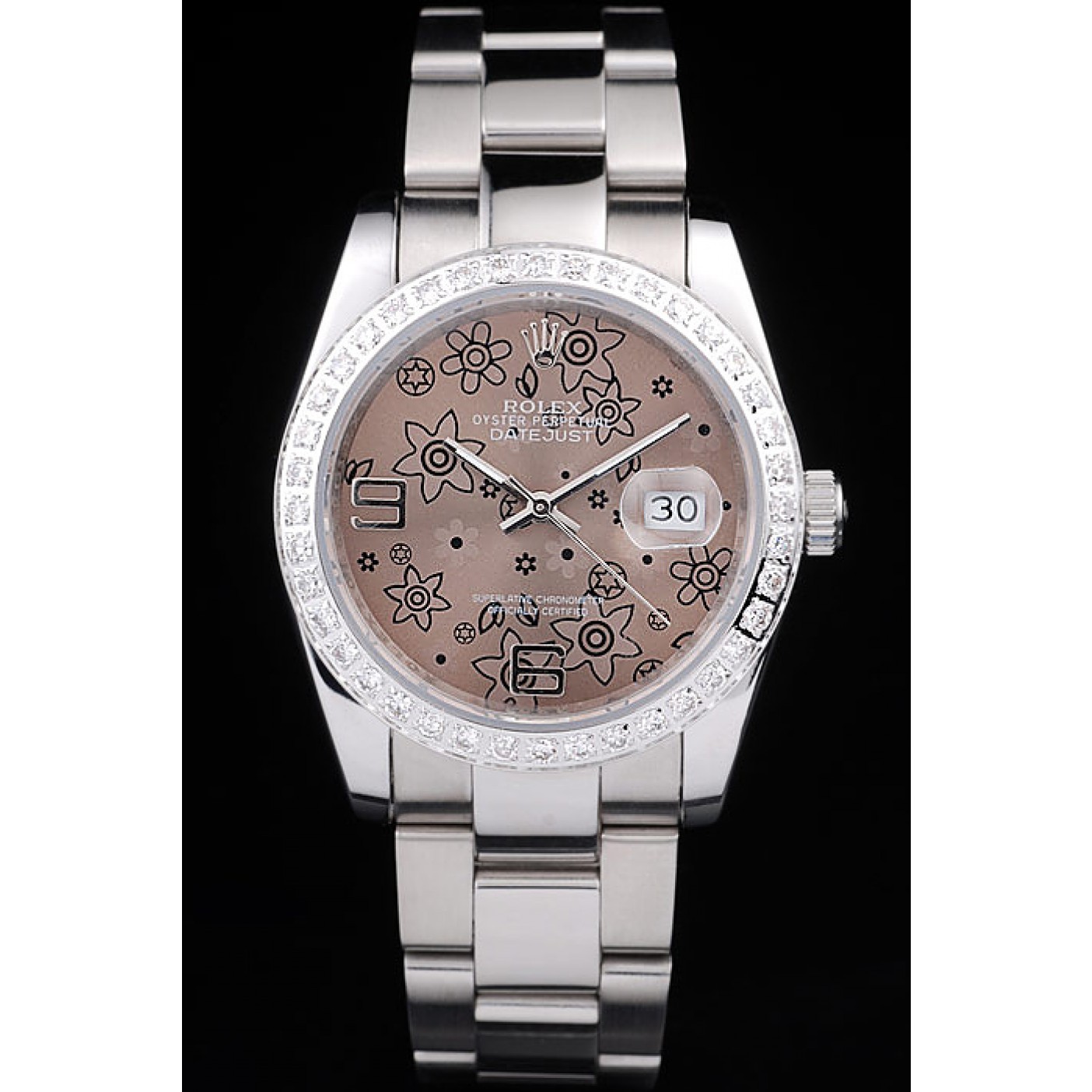 MiroTime Rolex Datejust Polished Stainless Steel Brown Flowers Dial Diamond Plated