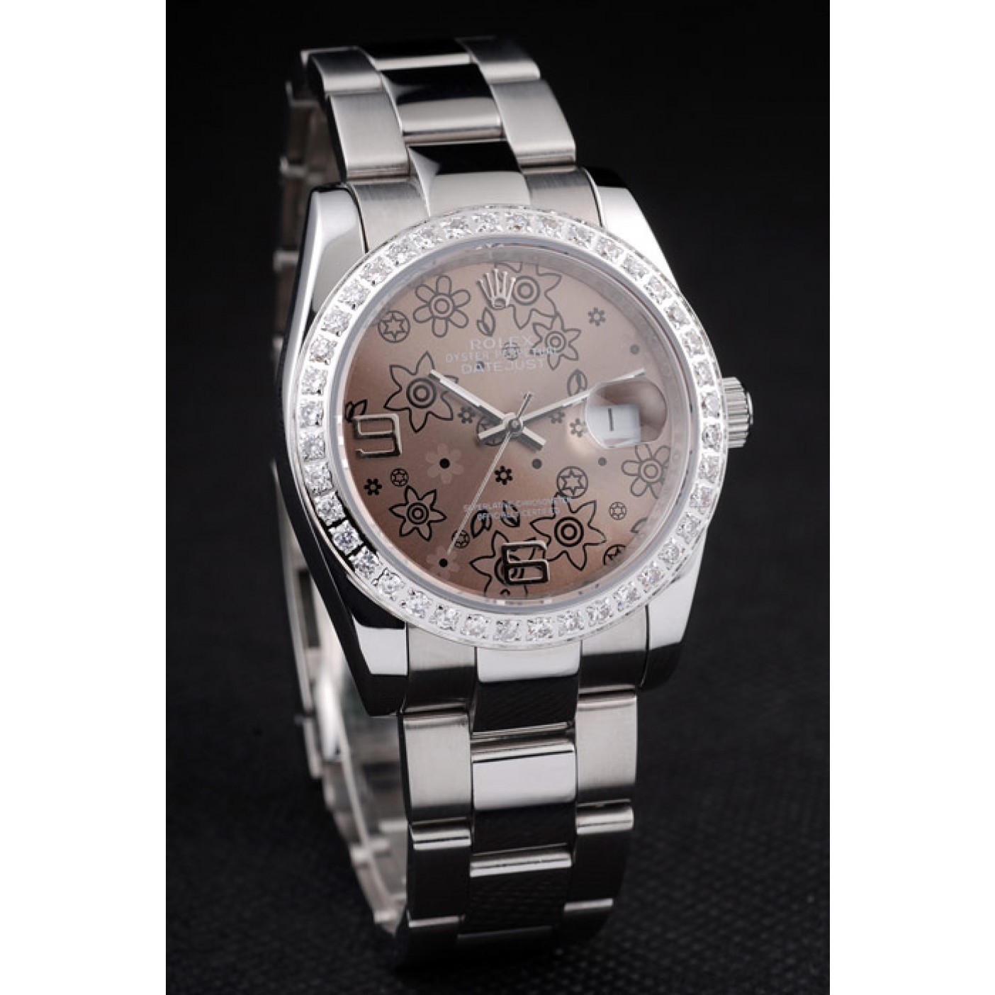 MiroTime Rolex Datejust Polished Stainless Steel Brown Flowers Dial Diamond Plated