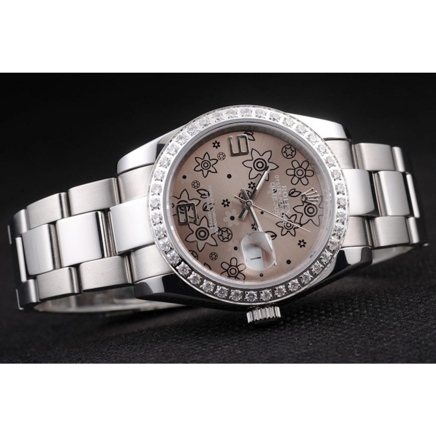 MiroTime Rolex Datejust Polished Stainless Steel Brown Flowers Dial Diamond Plated