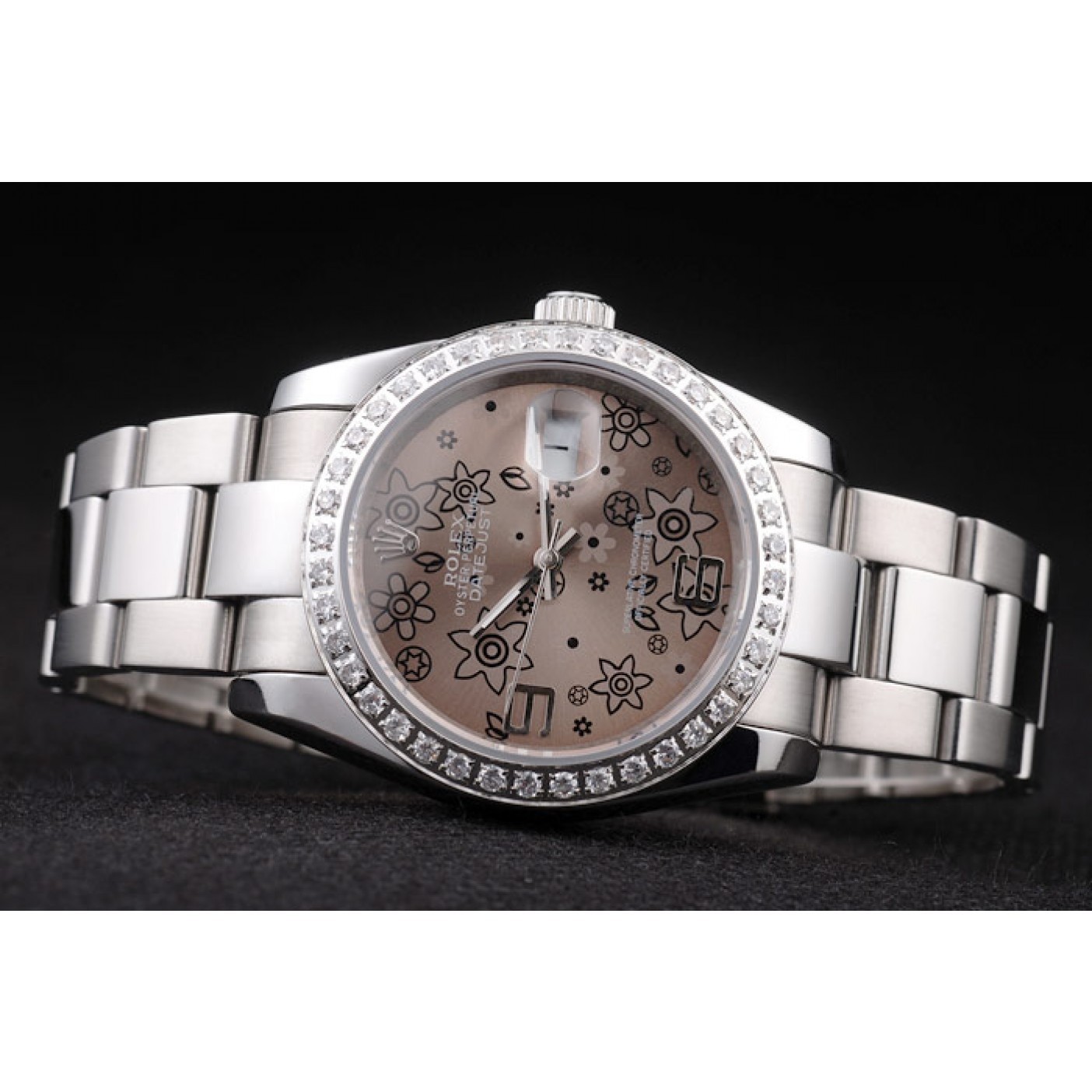 MiroTime Rolex Datejust Polished Stainless Steel Brown Flowers Dial Diamond Plated