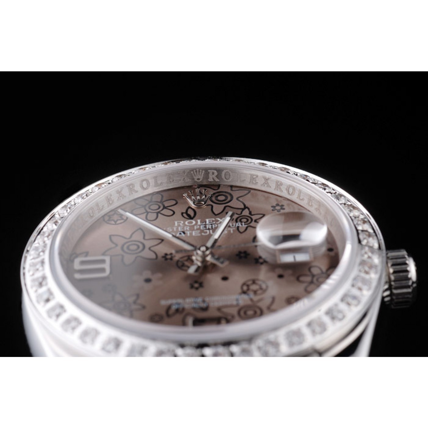 MiroTime Rolex Datejust Polished Stainless Steel Brown Flowers Dial Diamond Plated