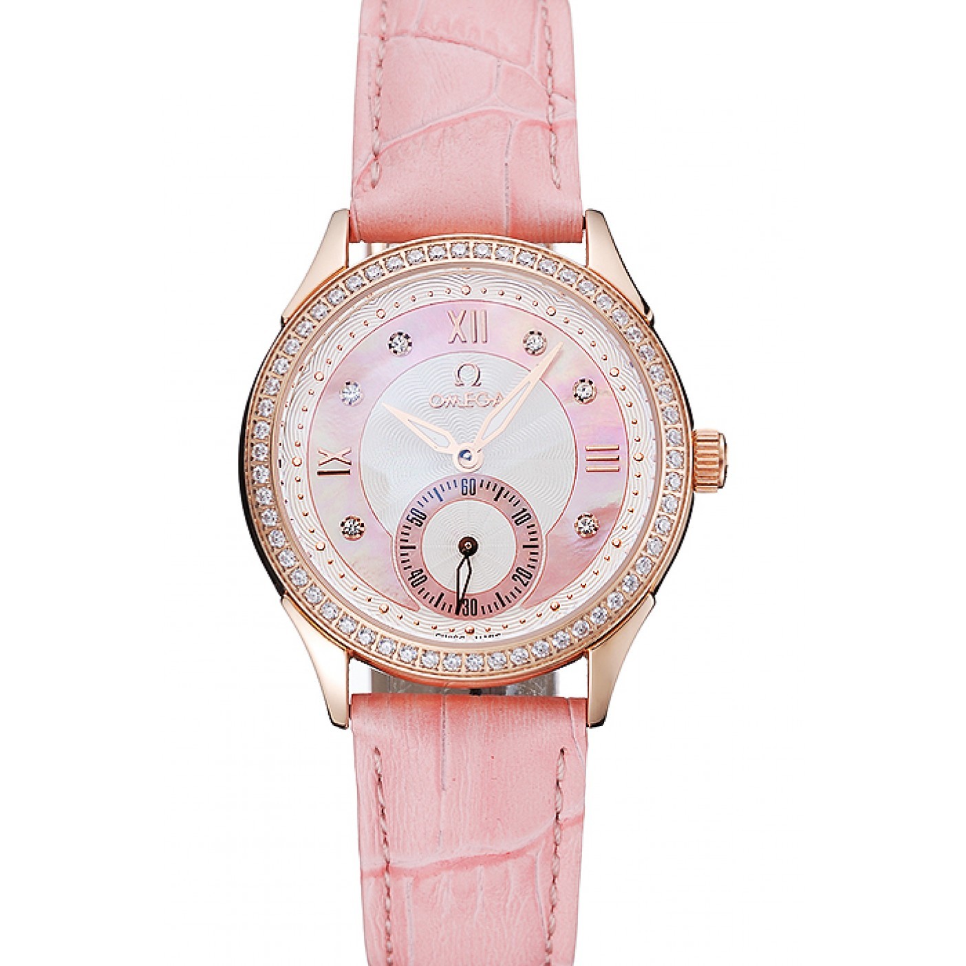 MiroTime Omega DeVille Prestige Pink Dial Gold Diamond Case Pink Leather Bracelet 1454126