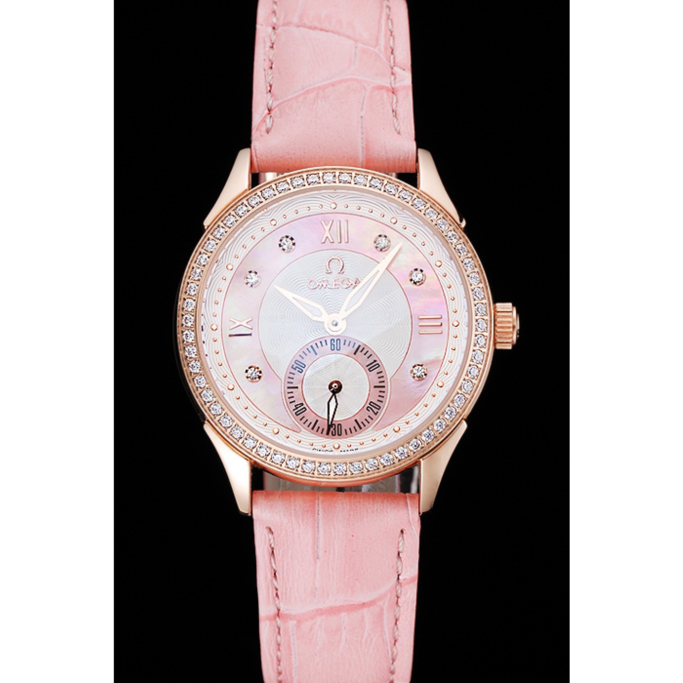 MiroTime Omega DeVille Prestige Pink Dial Gold Diamond Case Pink Leather Bracelet 1454126