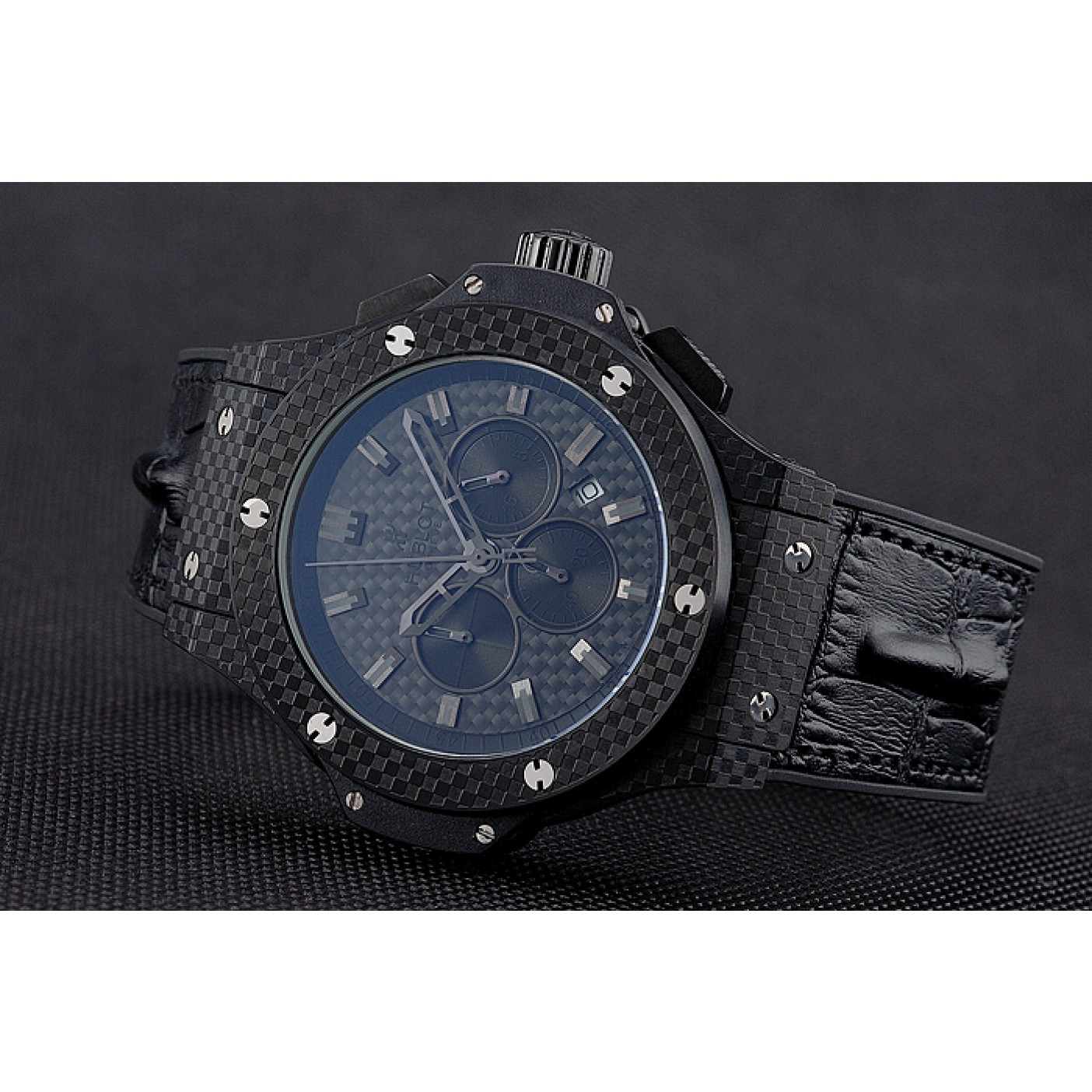 MiroTime Hublot Big Bang Carbon Dial Carbon Case And Bezel Black Leather Strap 622773