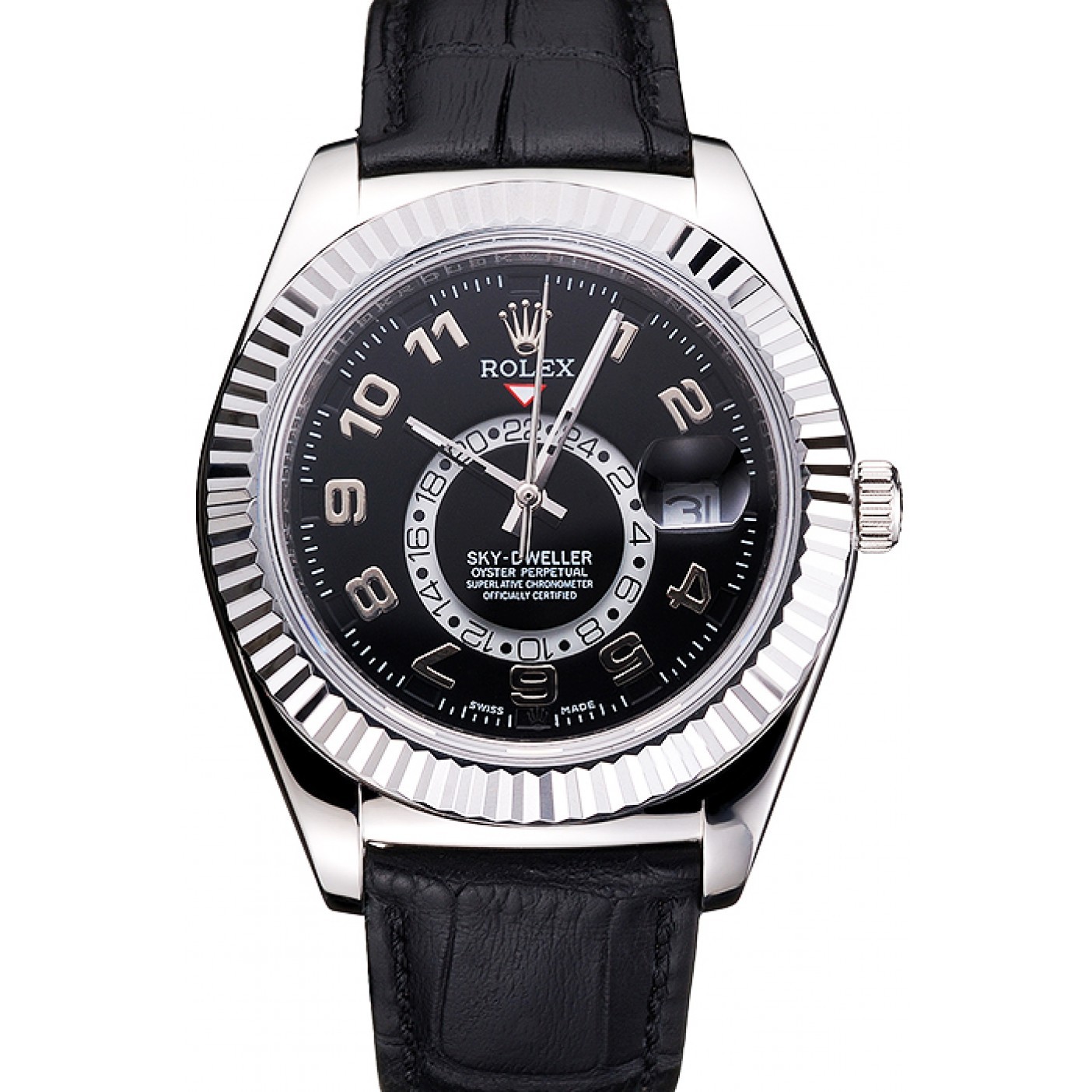 MiroTime Rolex Sky Dweller Black Dial Stainless Steel Case Black Leather Strap