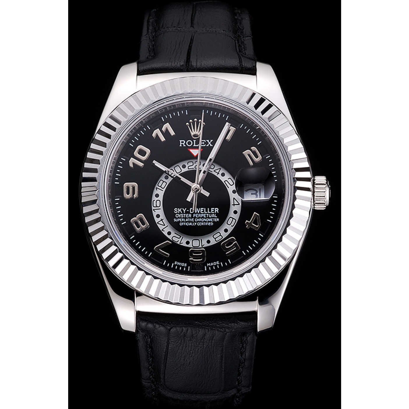 MiroTime Rolex Sky Dweller Black Dial Stainless Steel Case Black Leather Strap