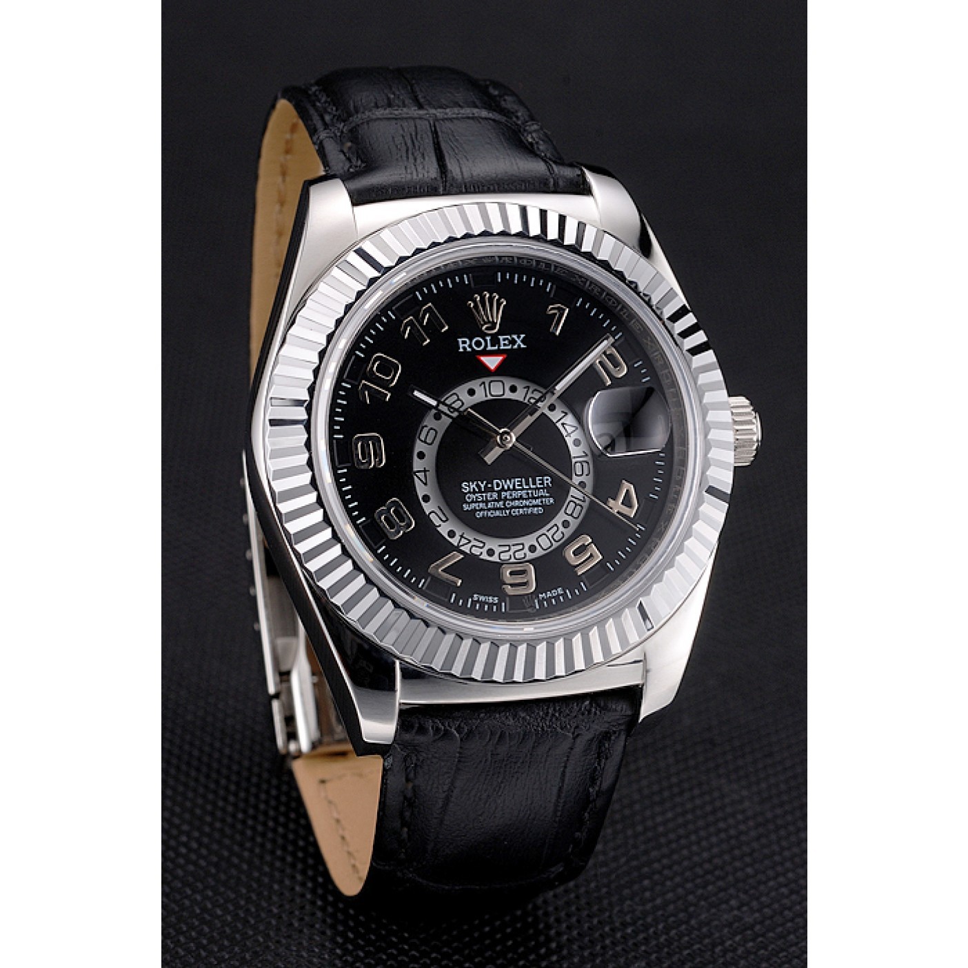 MiroTime Rolex Sky Dweller Black Dial Stainless Steel Case Black Leather Strap