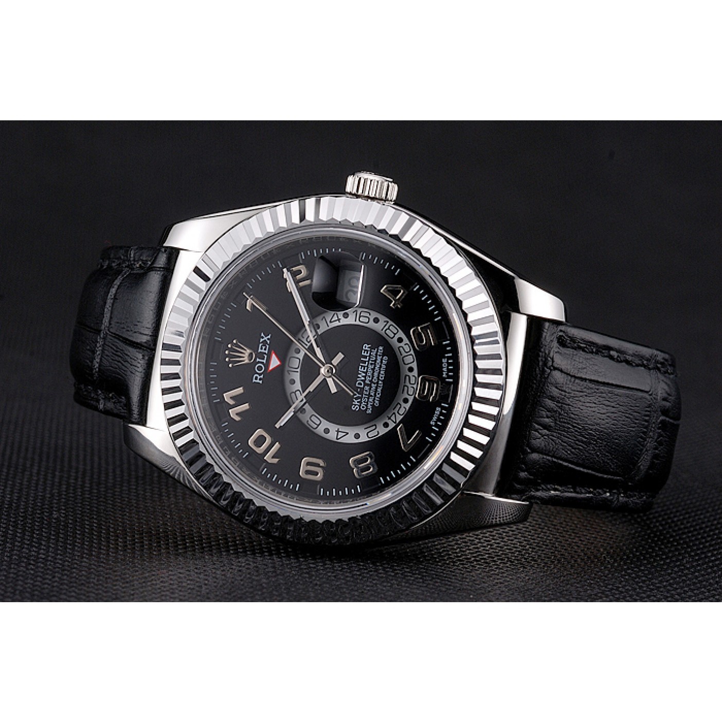 MiroTime Rolex Sky Dweller Black Dial Stainless Steel Case Black Leather Strap