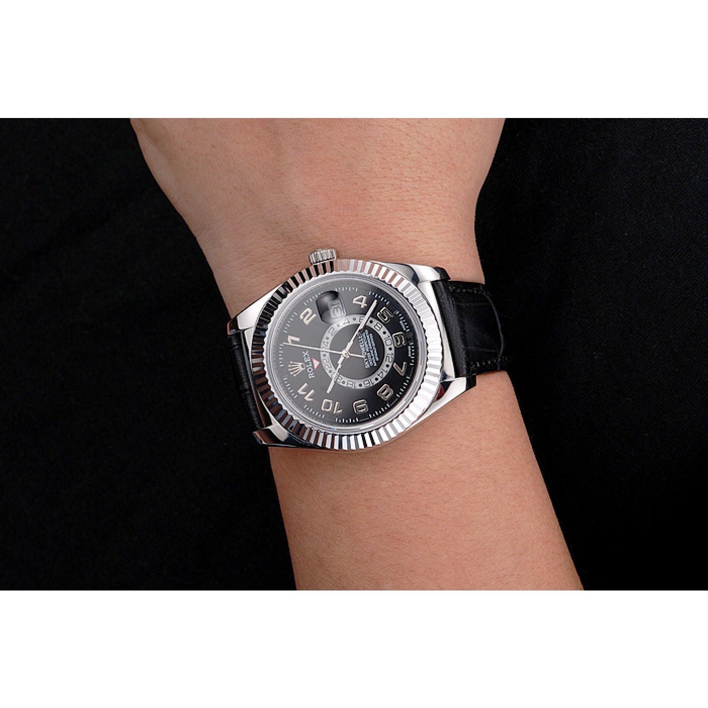 MiroTime Rolex Sky Dweller Black Dial Stainless Steel Case Black Leather Strap