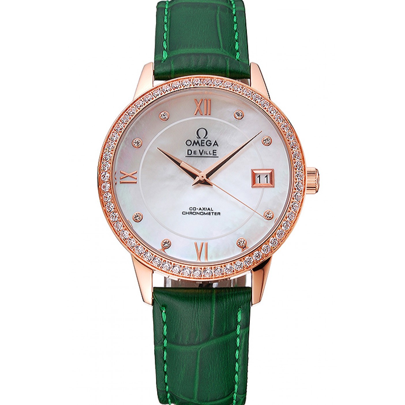 MiroTime Omega DeVille Prestige Co-Axial Diamond Gold Case Mother-Of-Pearl Dial Green Leather Strap