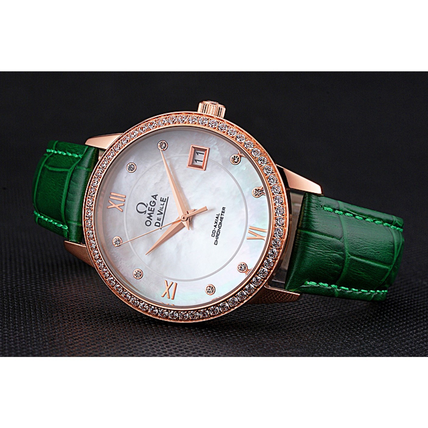 MiroTime Omega DeVille Prestige Co-Axial Diamond Gold Case Mother-Of-Pearl Dial Green Leather Strap