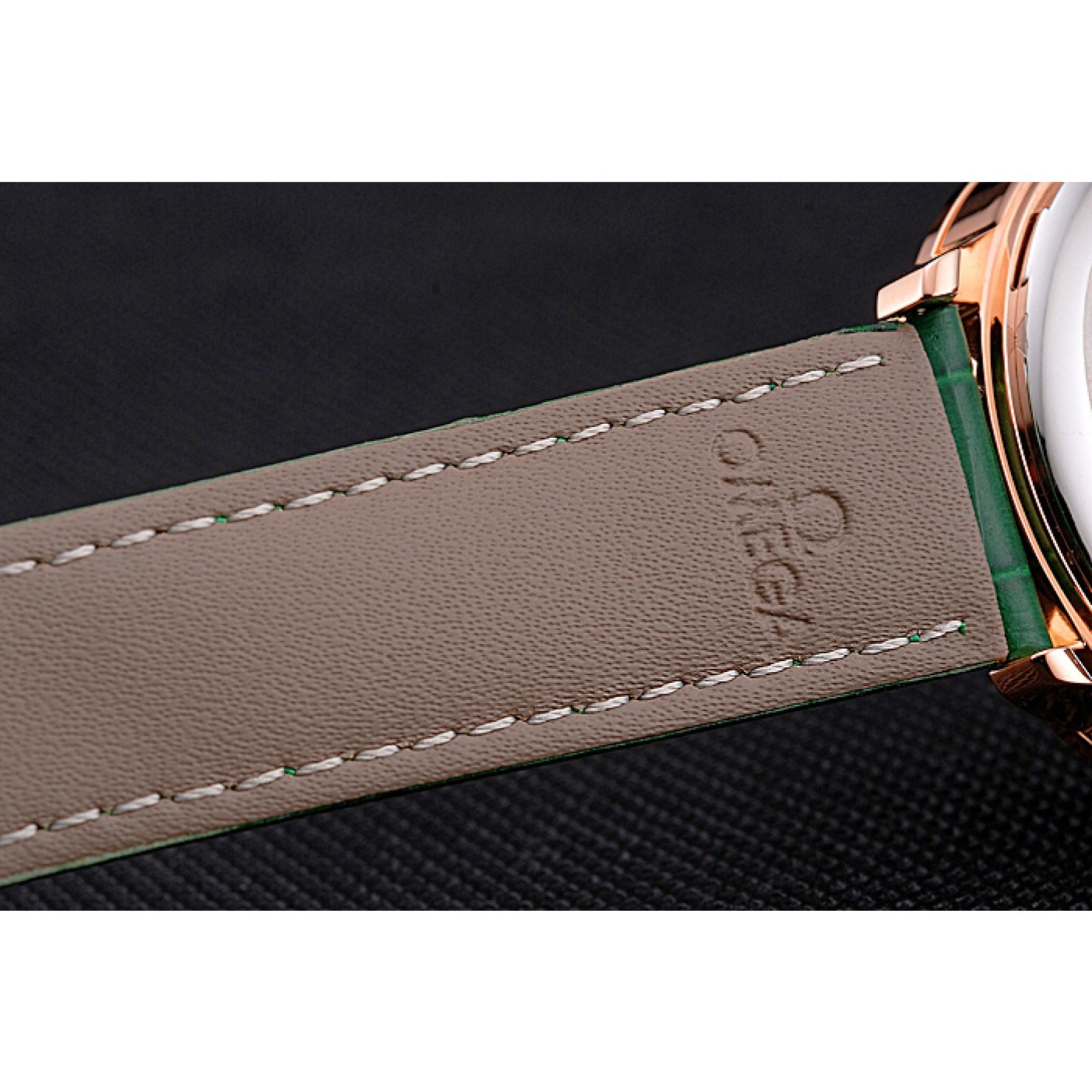 MiroTime Omega DeVille Prestige Co-Axial Diamond Gold Case Mother-Of-Pearl Dial Green Leather Strap