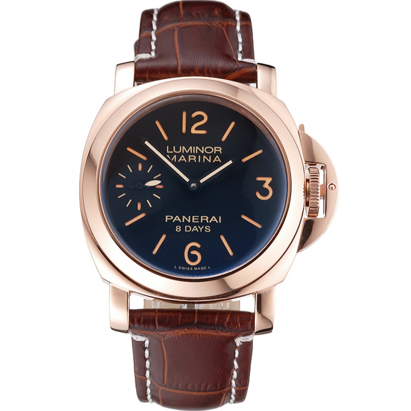 MiroTime Panerai Luminor Marina 8 Days Black Dial Rose Gold Case Brown Leather Strap