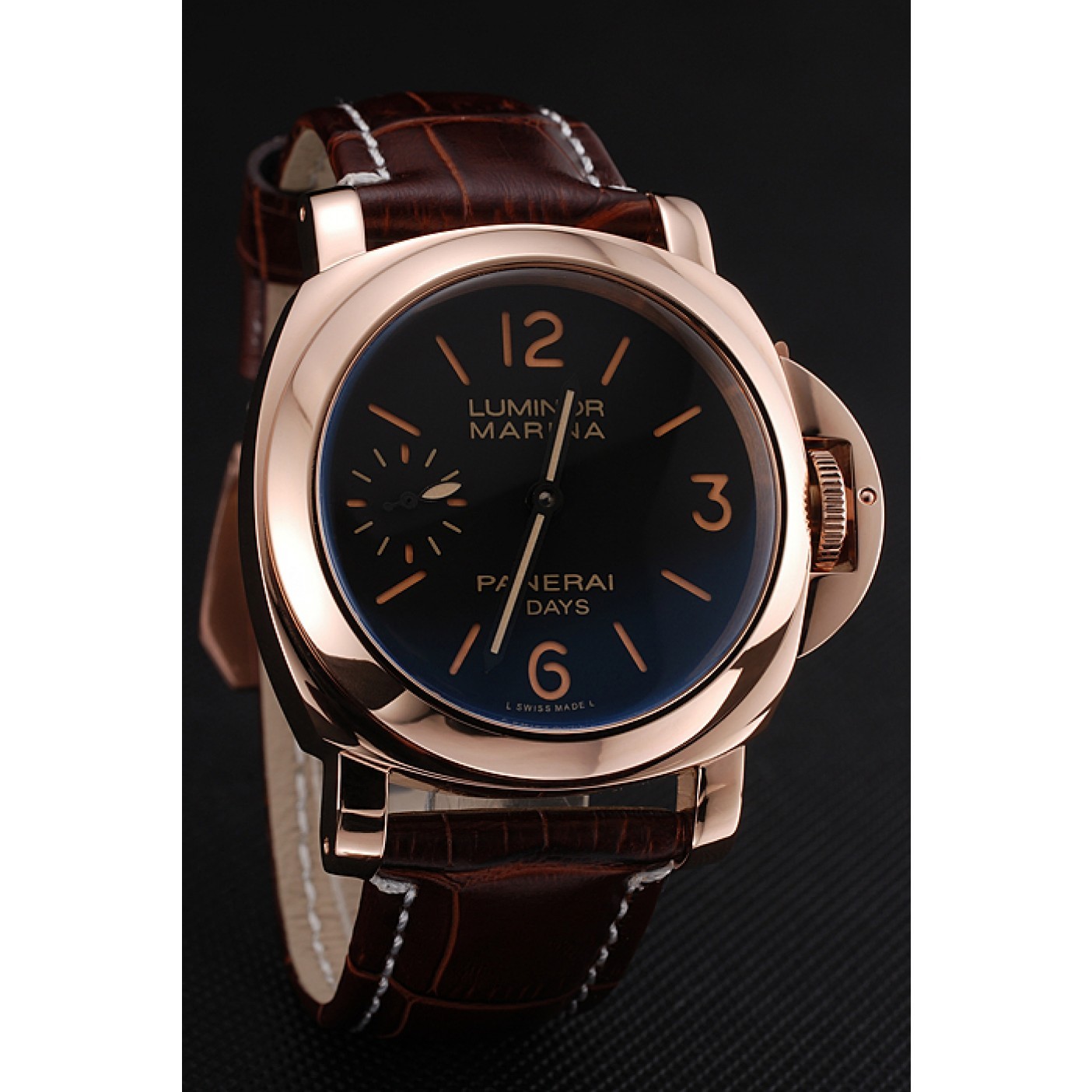 MiroTime Panerai Luminor Marina 8 Days Black Dial Rose Gold Case Brown Leather Strap