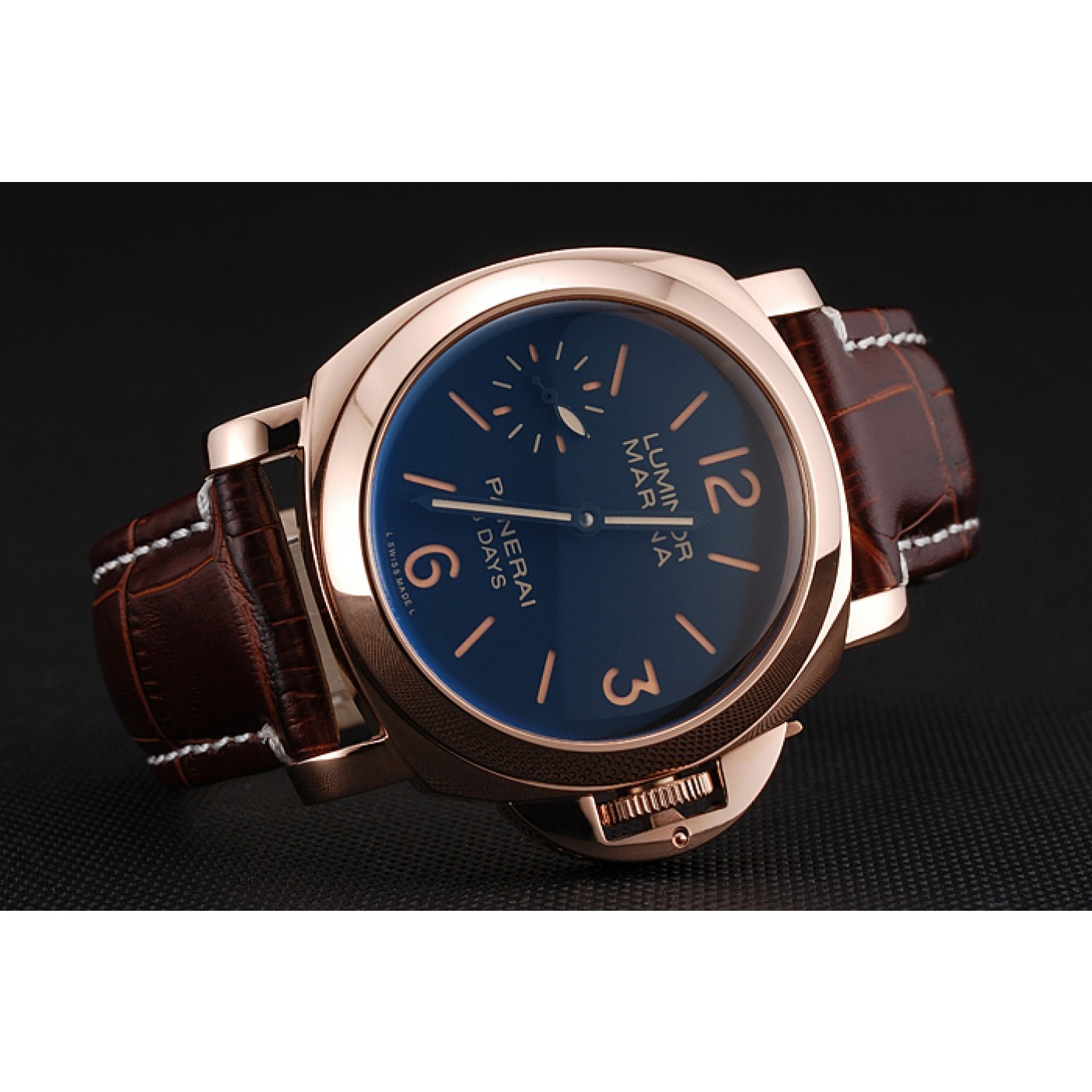 MiroTime Panerai Luminor Marina 8 Days Black Dial Rose Gold Case Brown Leather Strap