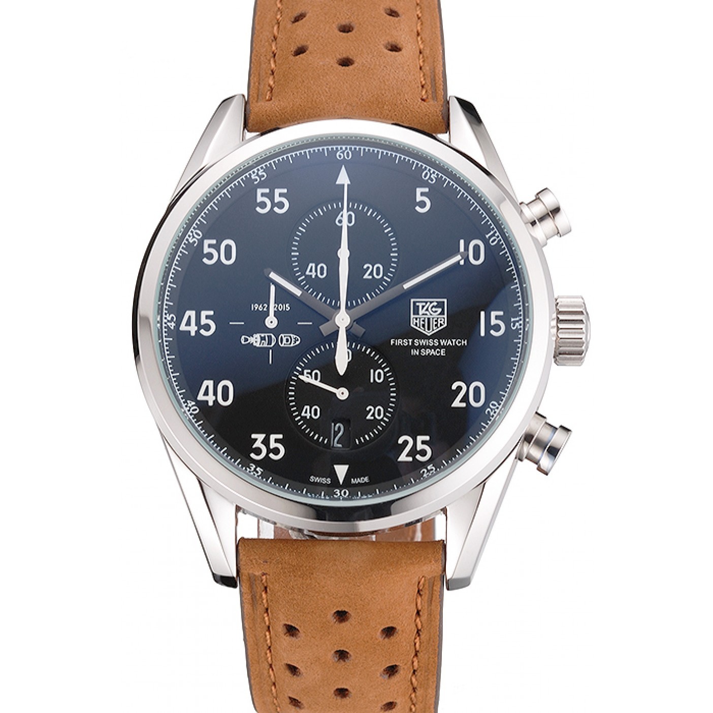 MiroTime Tag Heuer Carrera SpaceX Silver Bezel with Black Dial and Light Brown Leather Strap tag265 621536