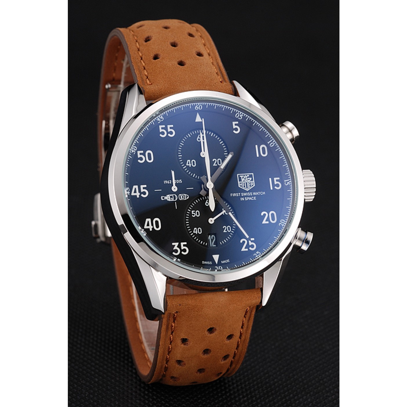 MiroTime Tag Heuer Carrera SpaceX Silver Bezel with Black Dial and Light Brown Leather Strap tag265 621536