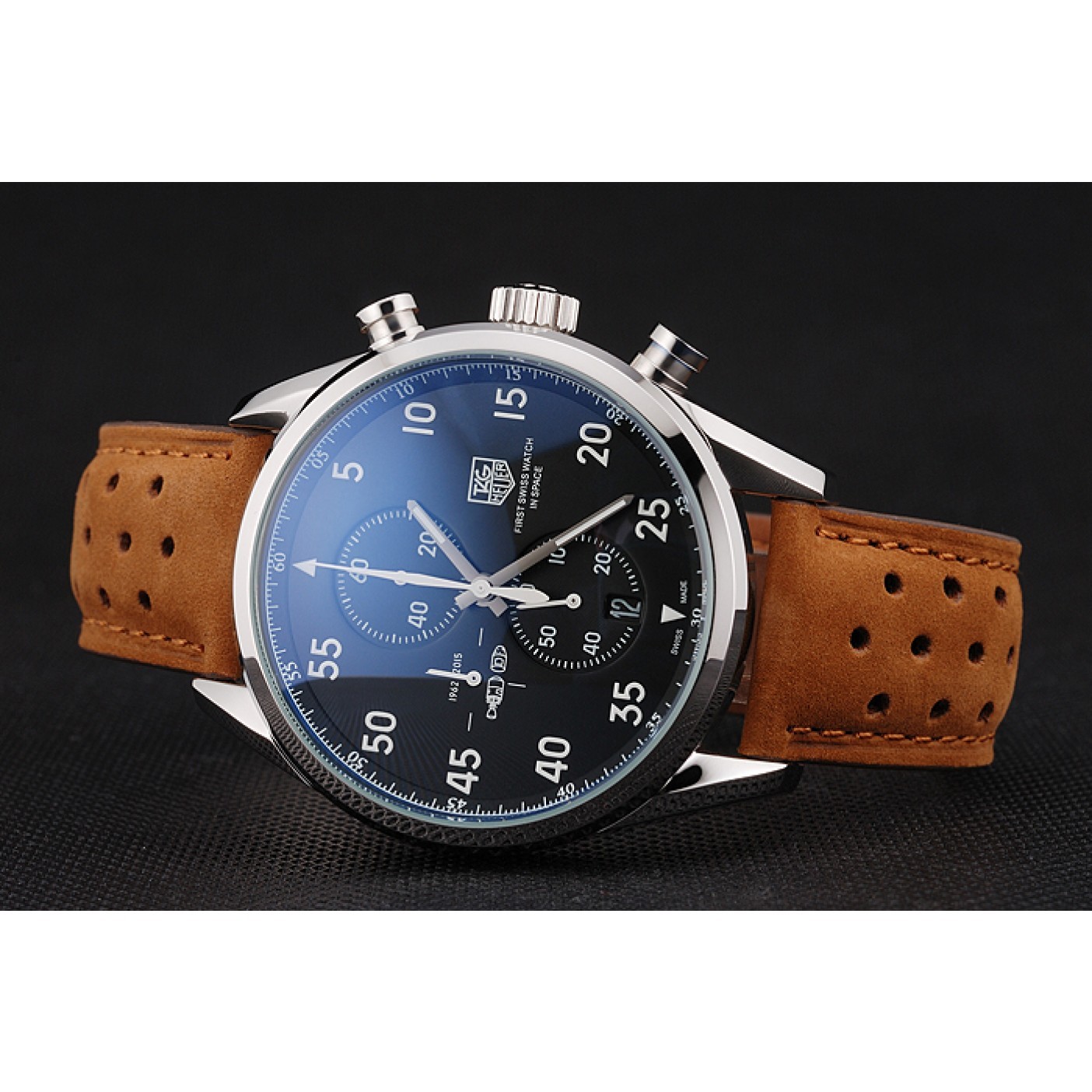 MiroTime Tag Heuer Carrera SpaceX Silver Bezel with Black Dial and Light Brown Leather Strap tag265 621536