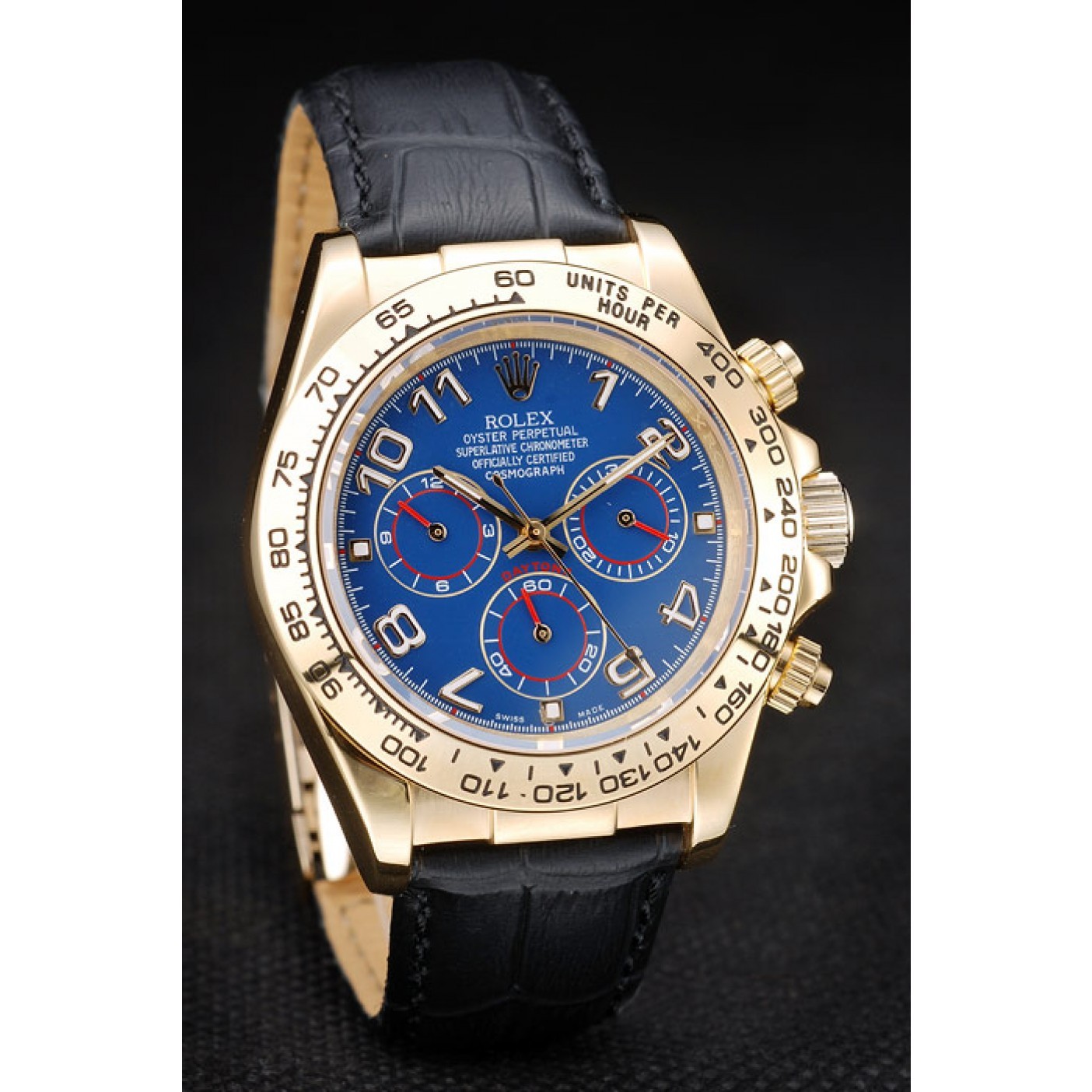 MiroTime Rolex Daytona Gold Case Blue Dial Black Leather Strap