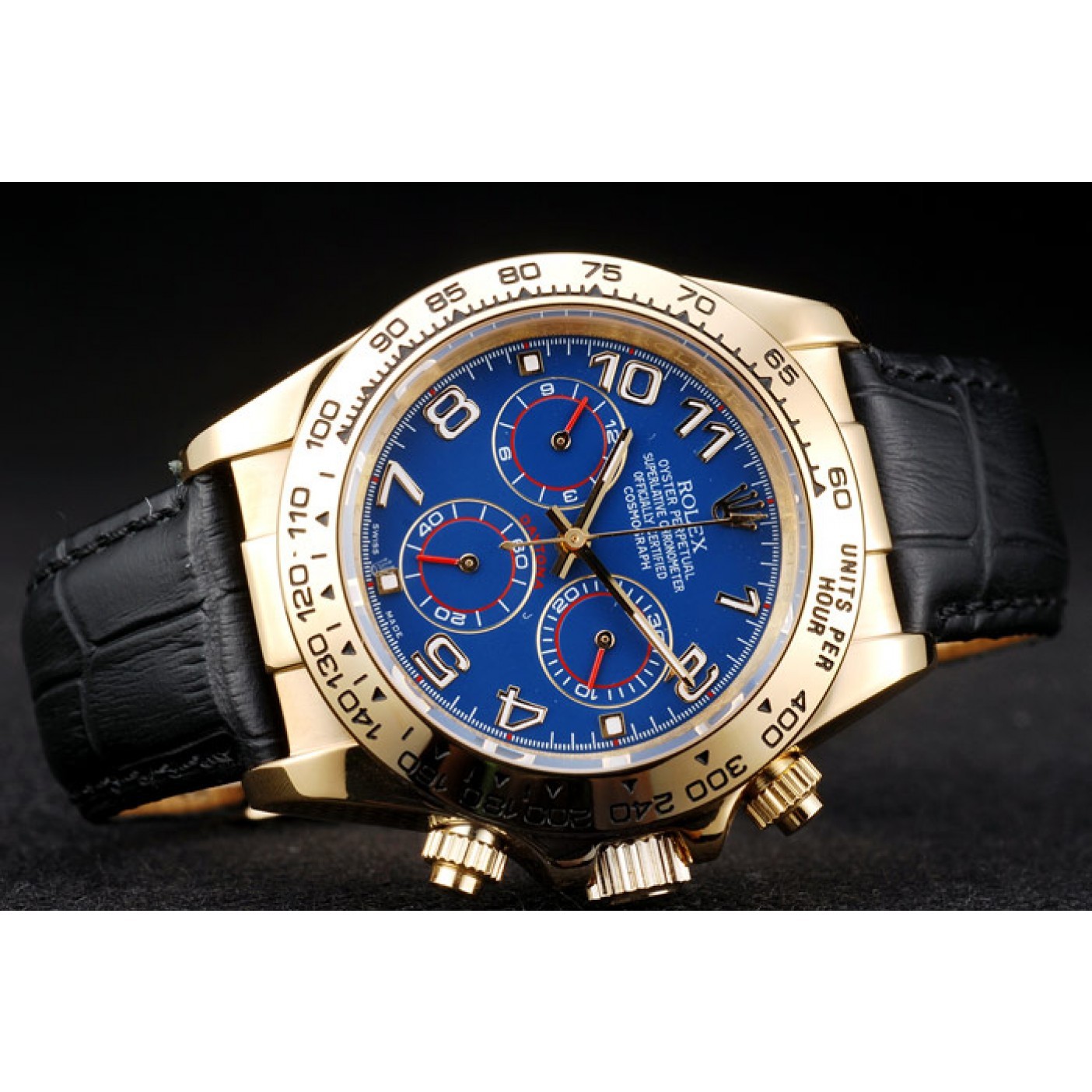 MiroTime Rolex Daytona Gold Case Blue Dial Black Leather Strap