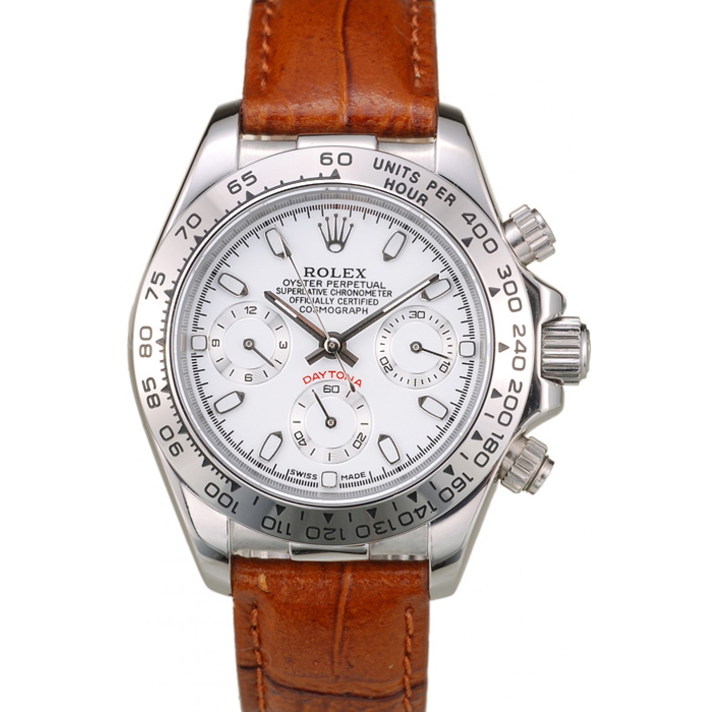 MiroTime Rolex Daytona Lady Stainless Steel Case White Dial Brown Leather Strap Tachymeter