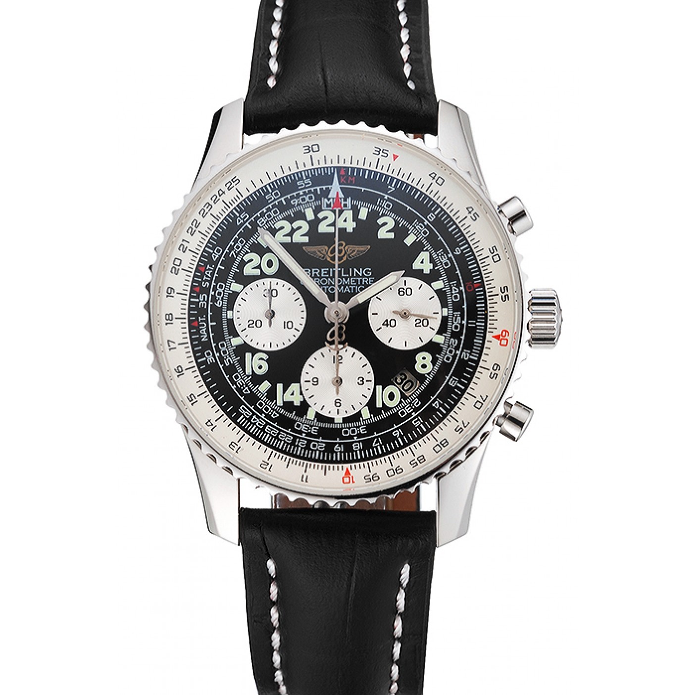 MiroTime Swiss Breitling Navitimer Cosmonaute Black Dial Stainless Steel Case Black Leather Strap