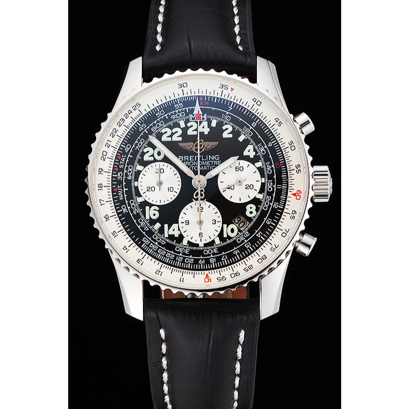 MiroTime Swiss Breitling Navitimer Cosmonaute Black Dial Stainless Steel Case Black Leather Strap