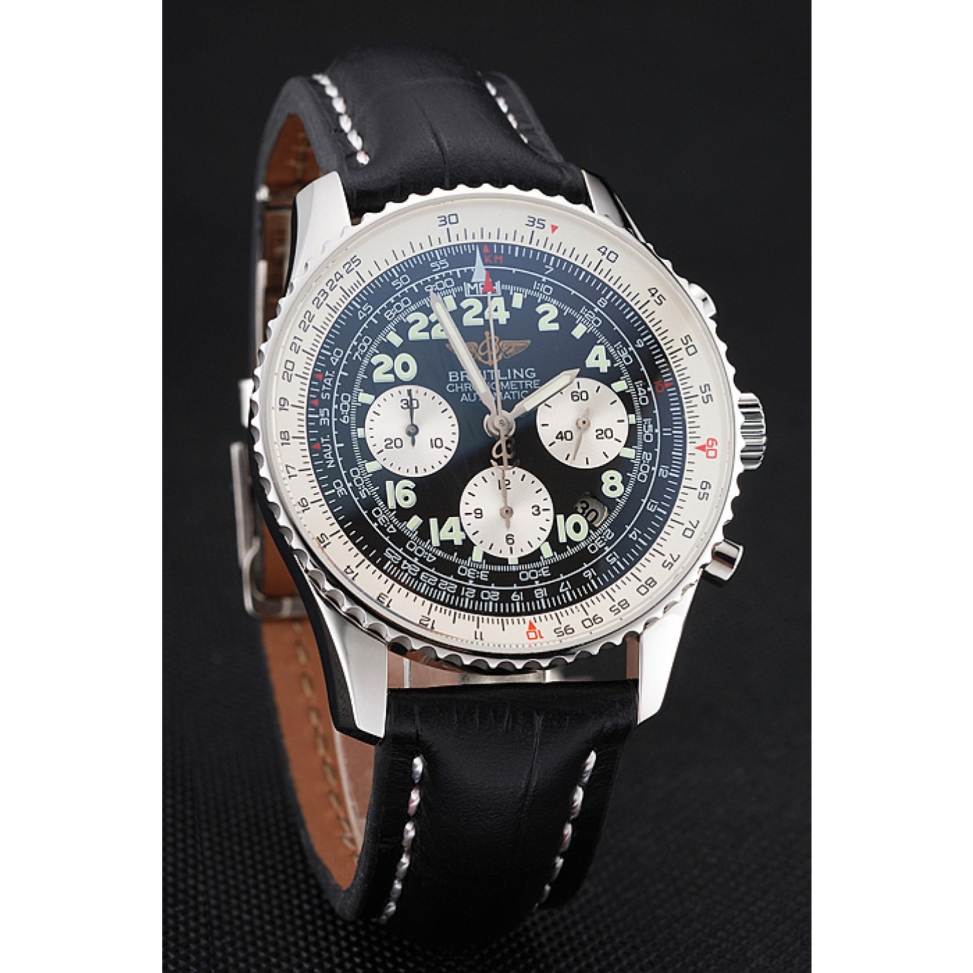 MiroTime Swiss Breitling Navitimer Cosmonaute Black Dial Stainless Steel Case Black Leather Strap