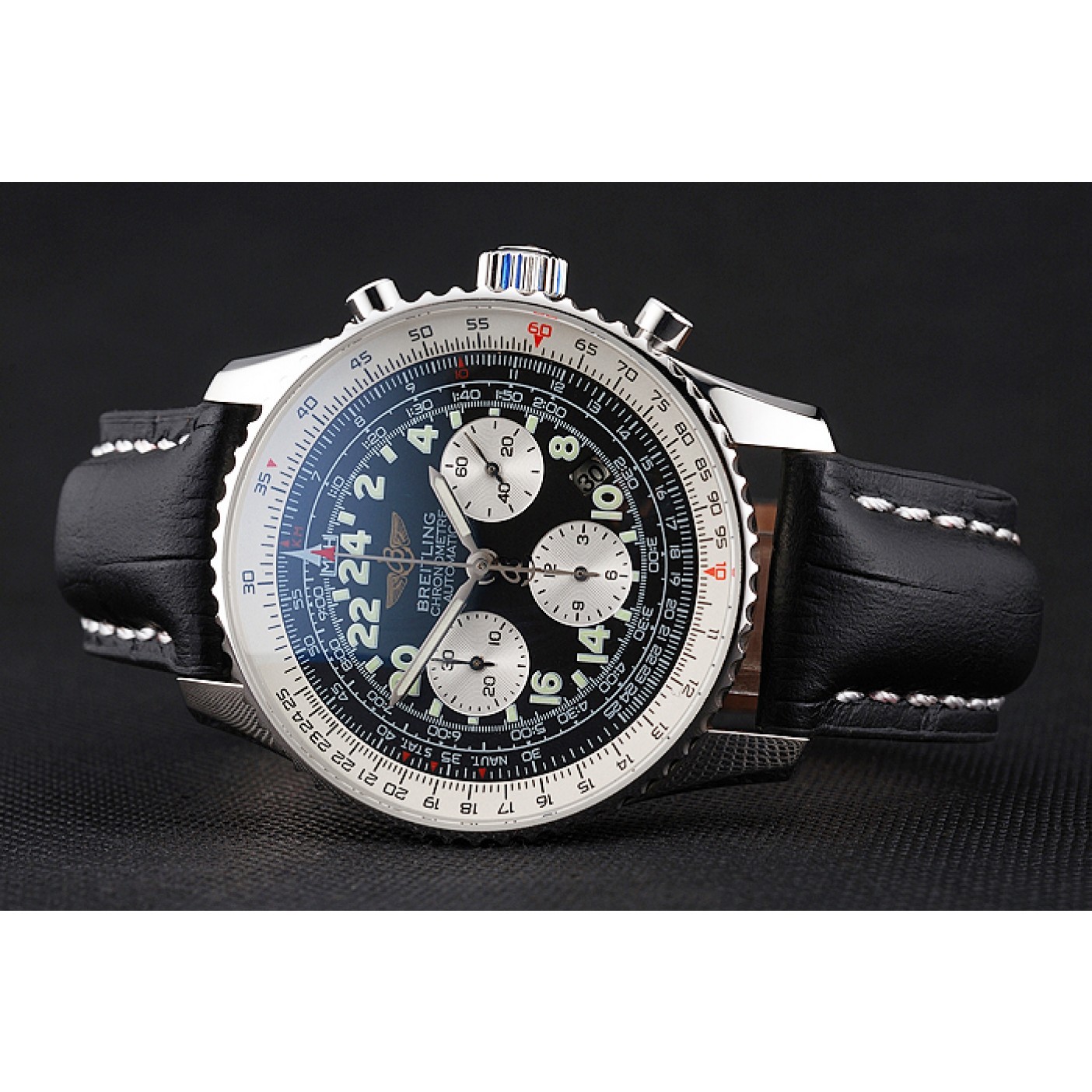 MiroTime Swiss Breitling Navitimer Cosmonaute Black Dial Stainless Steel Case Black Leather Strap