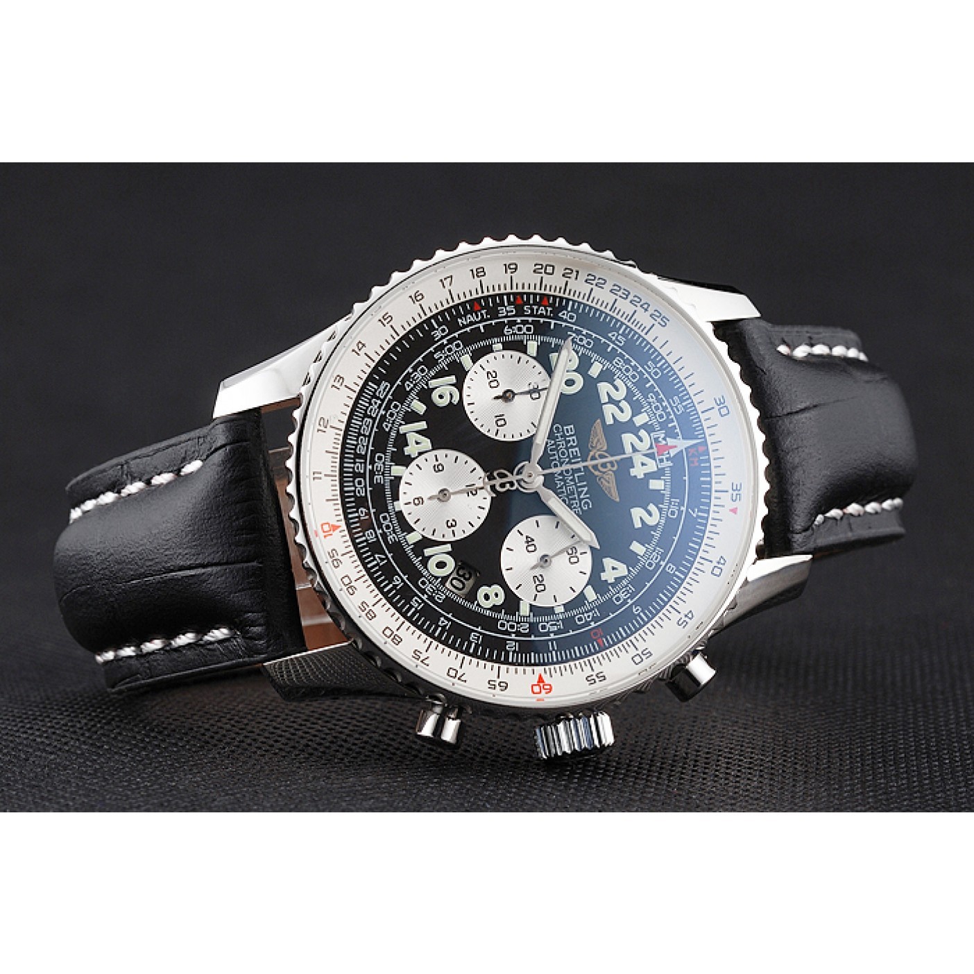 MiroTime Swiss Breitling Navitimer Cosmonaute Black Dial Stainless Steel Case Black Leather Strap