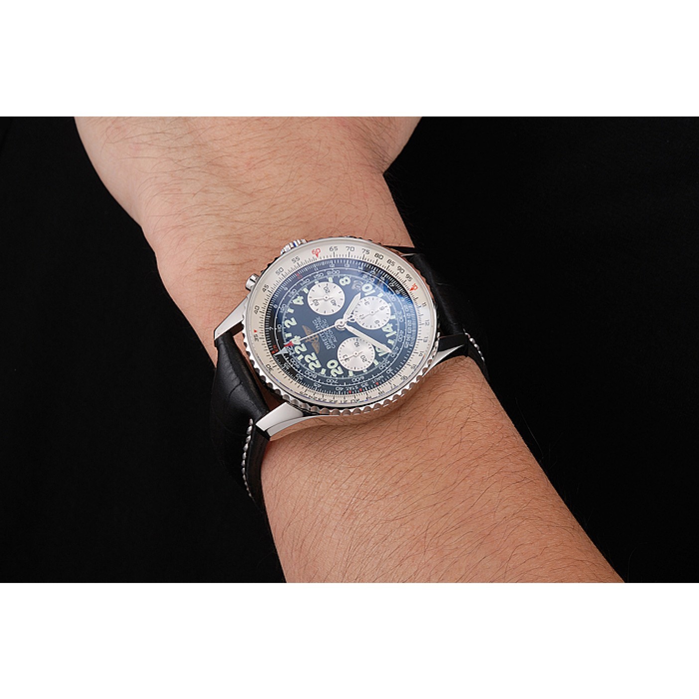 MiroTime Swiss Breitling Navitimer Cosmonaute Black Dial Stainless Steel Case Black Leather Strap