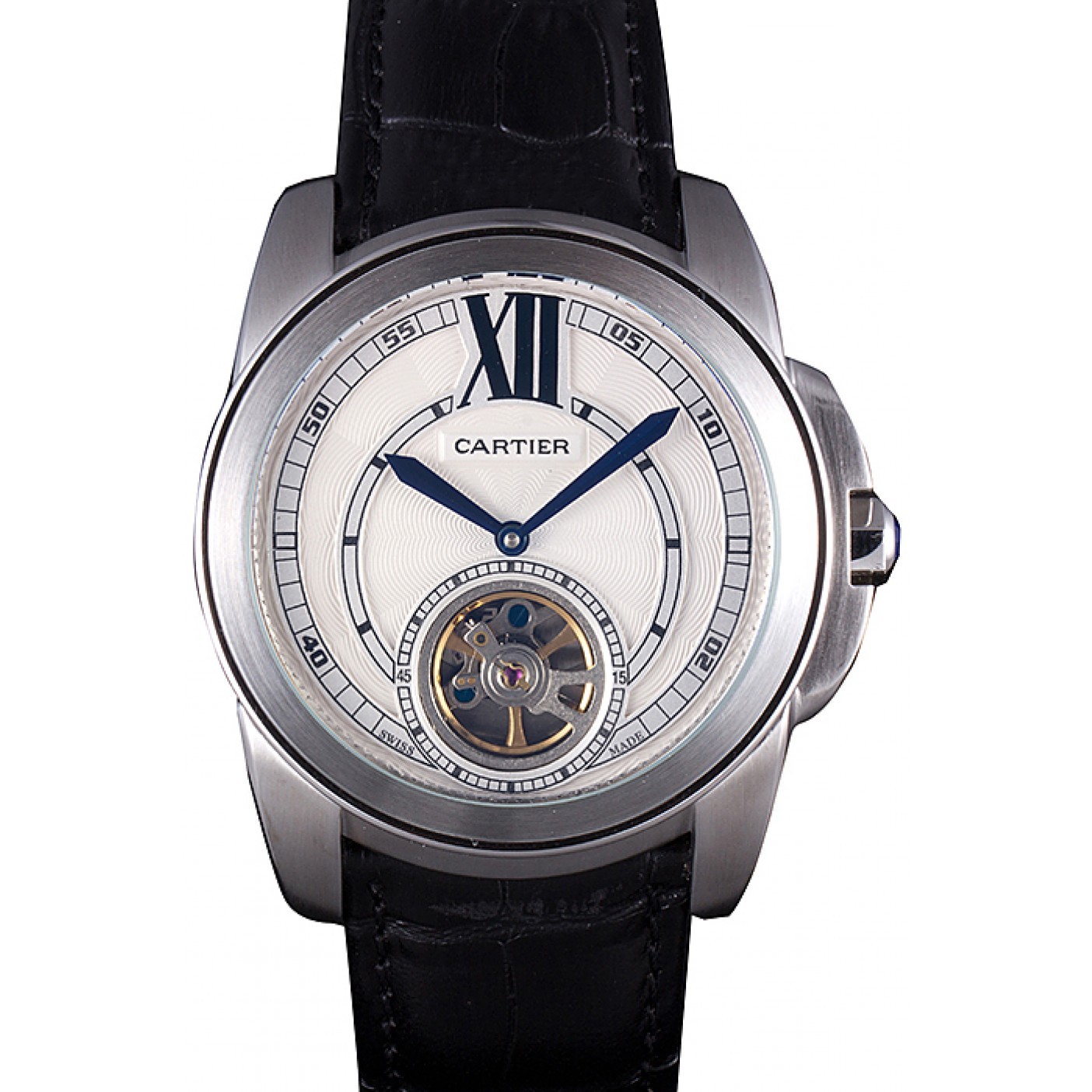 MiroTime Cartier Calibre Flying Tourbillon White Dial Stainless Steel Case Black Leather Bracelet