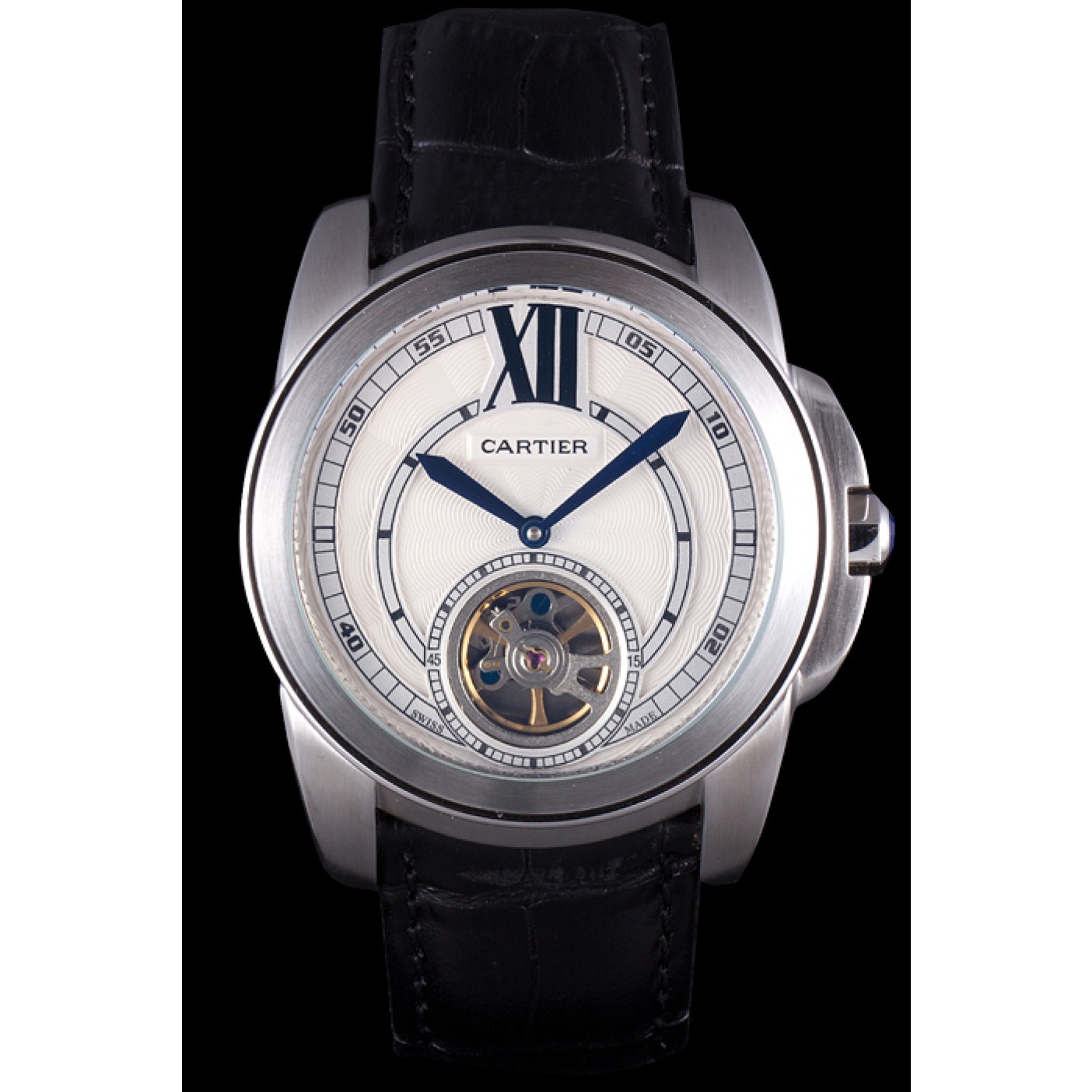 MiroTime Cartier Calibre Flying Tourbillon White Dial Stainless Steel Case Black Leather Bracelet