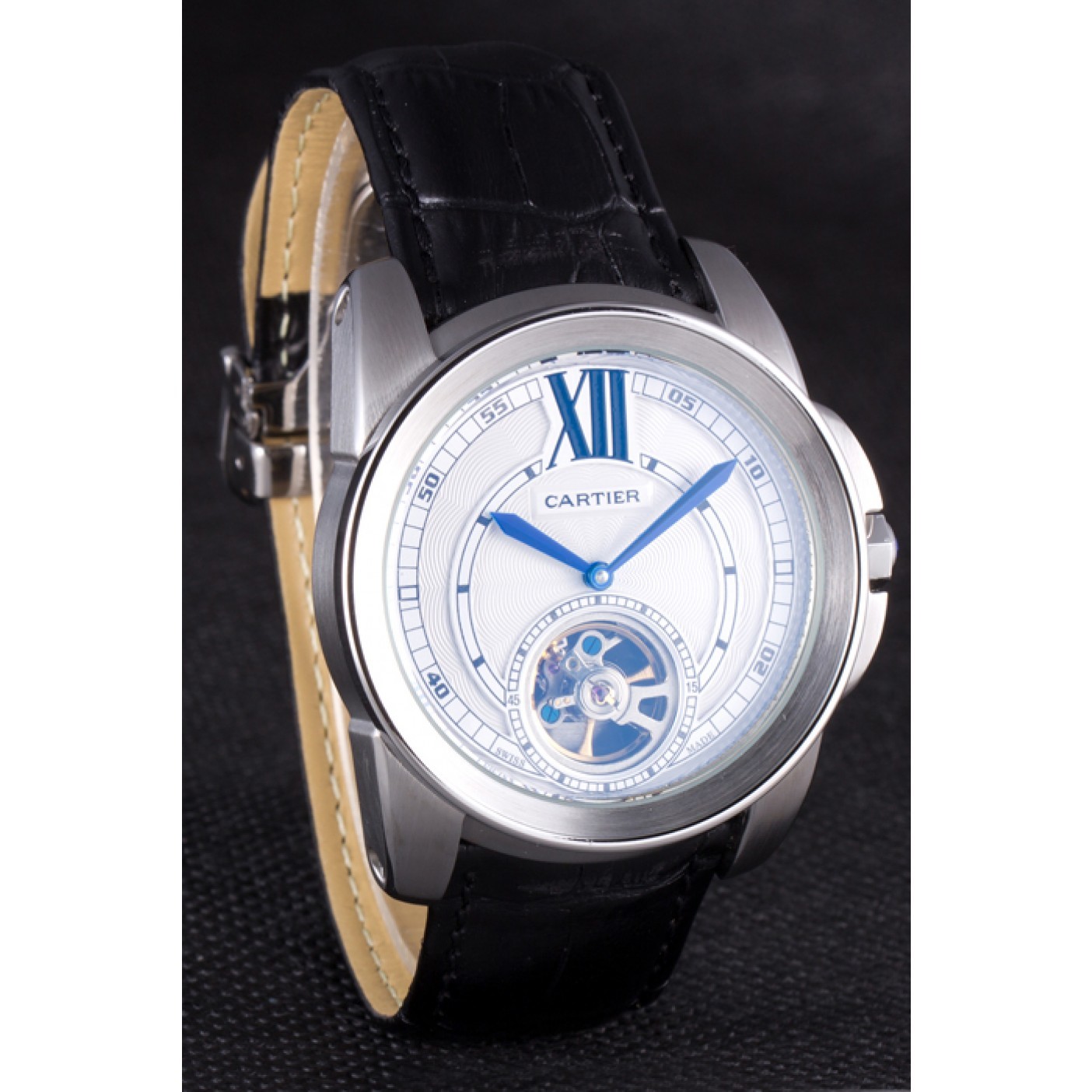 MiroTime Cartier Calibre Flying Tourbillon White Dial Stainless Steel Case Black Leather Bracelet