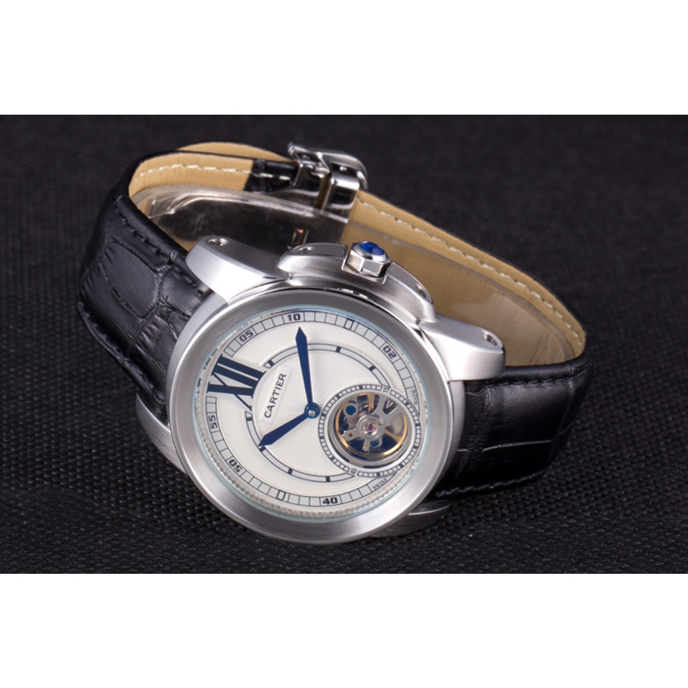 MiroTime Cartier Calibre Flying Tourbillon White Dial Stainless Steel Case Black Leather Bracelet