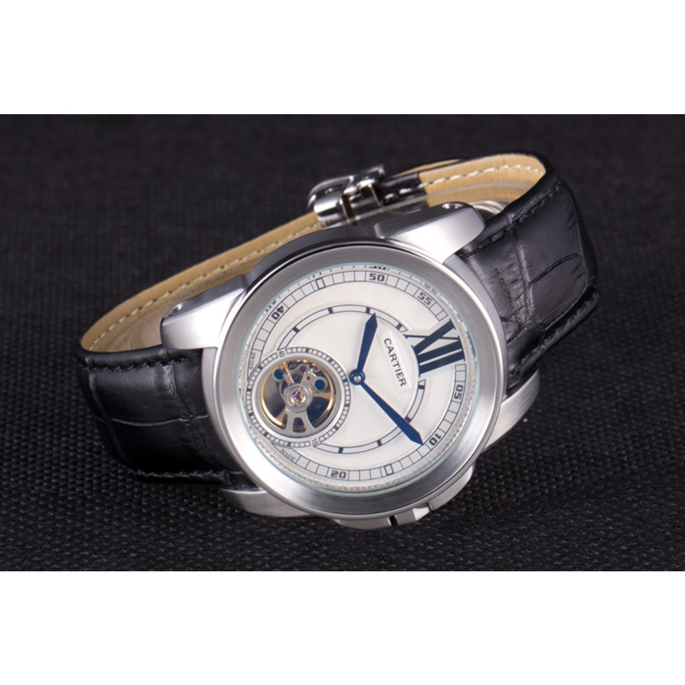 MiroTime Cartier Calibre Flying Tourbillon White Dial Stainless Steel Case Black Leather Bracelet