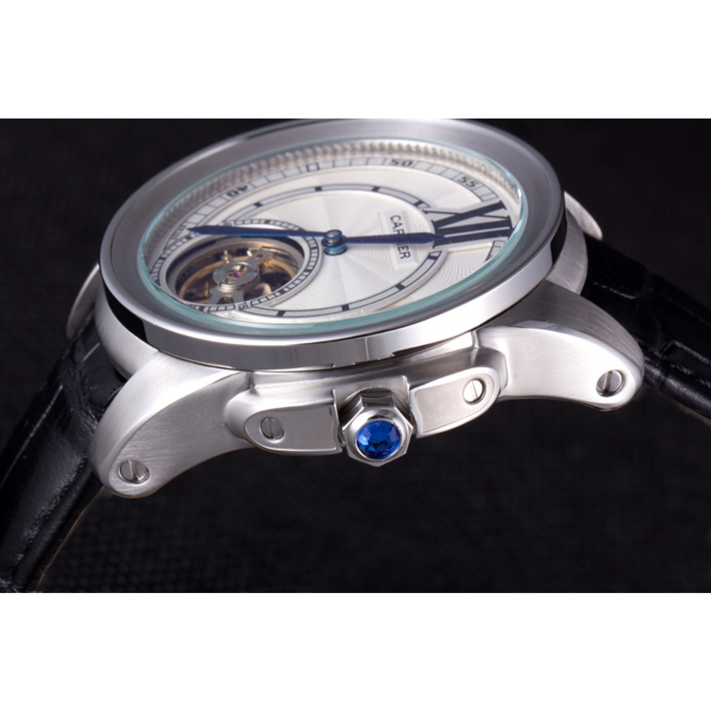 MiroTime Cartier Calibre Flying Tourbillon White Dial Stainless Steel Case Black Leather Bracelet