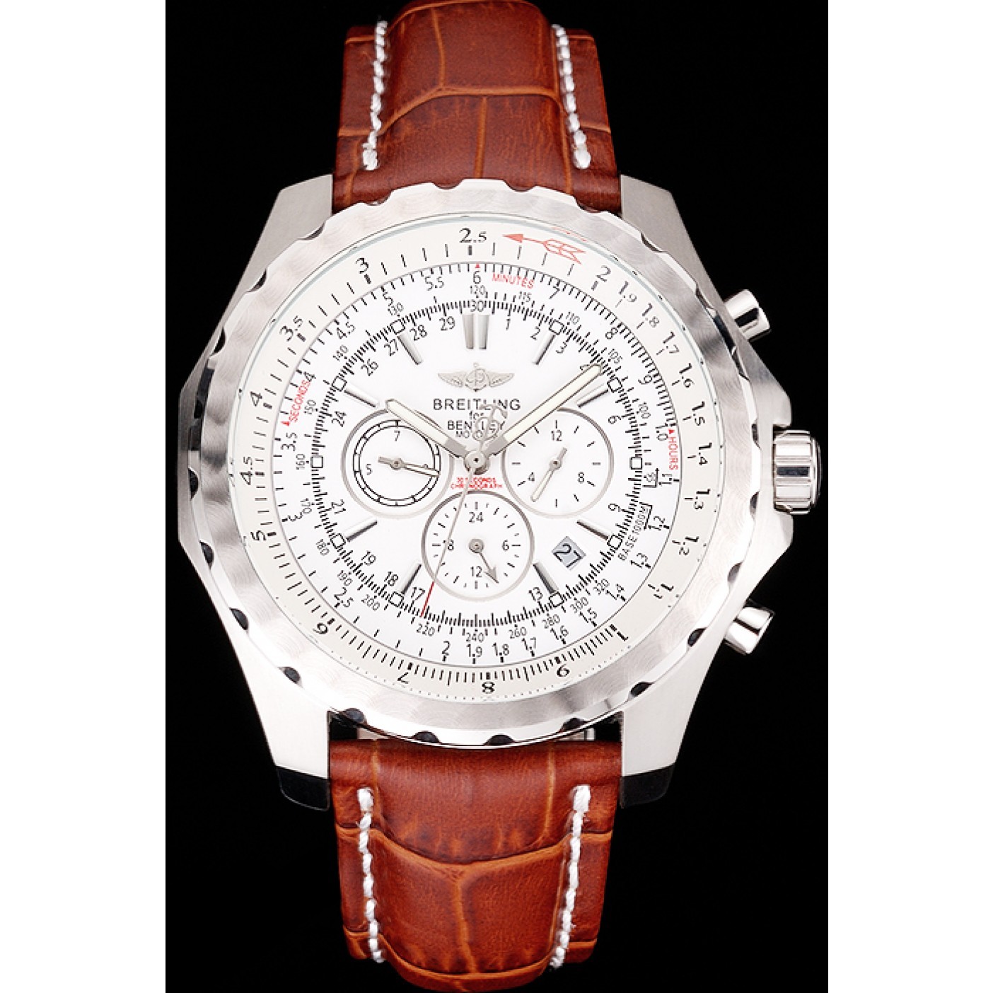 MiroTime Breitling Bentley Motors T Stainless Steel Case White Dial Brown Leather Bracelet 622234