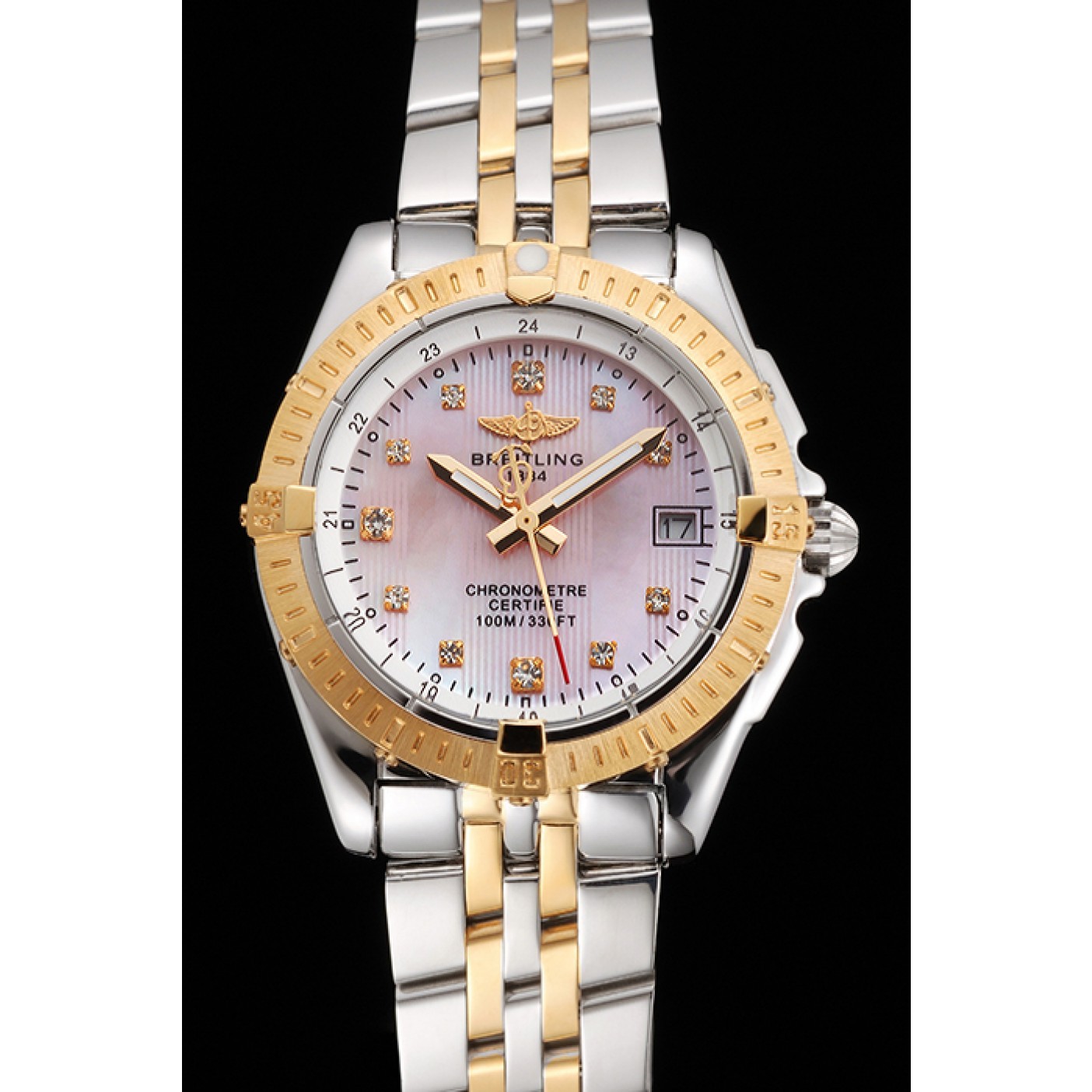 MiroTime Breitling Colt Lady Pink Dial Diamond Hour Marks Gold Bezel Stainless Steel Case Two Tone Bracelet