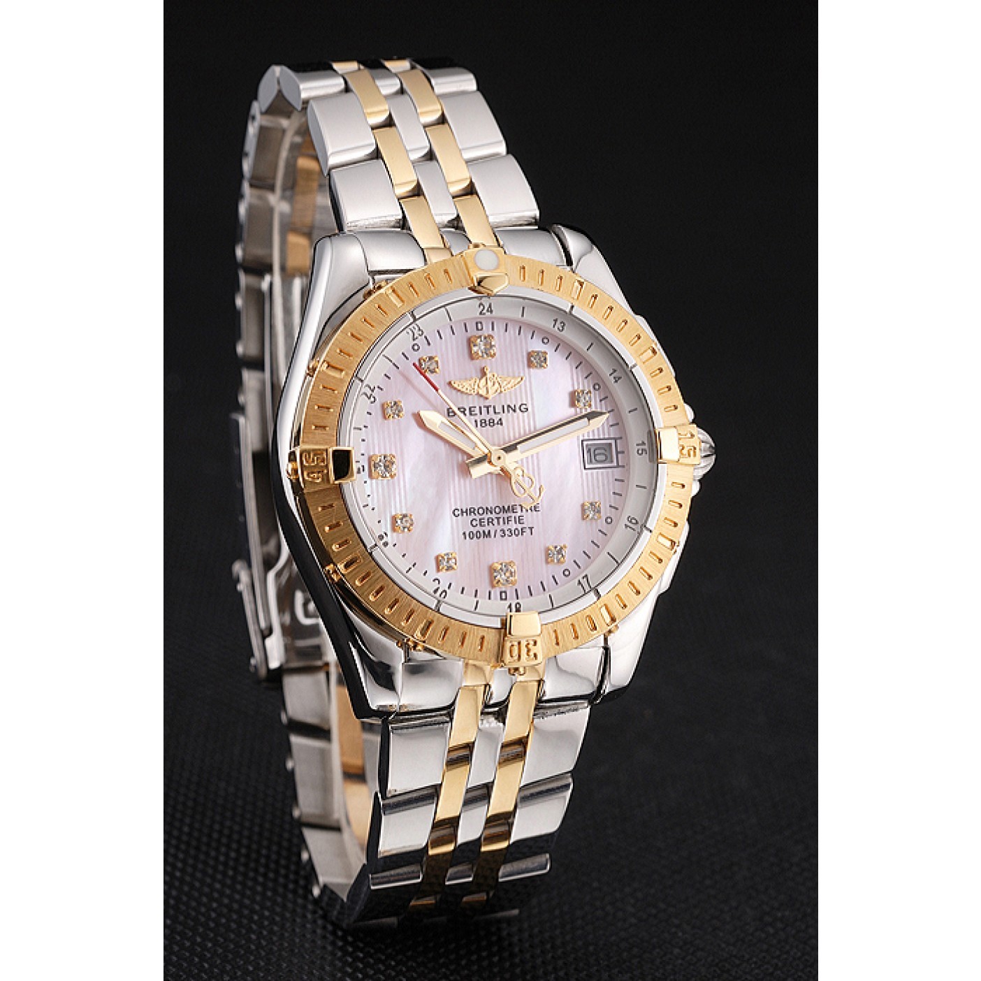 MiroTime Breitling Colt Lady Pink Dial Diamond Hour Marks Gold Bezel Stainless Steel Case Two Tone Bracelet