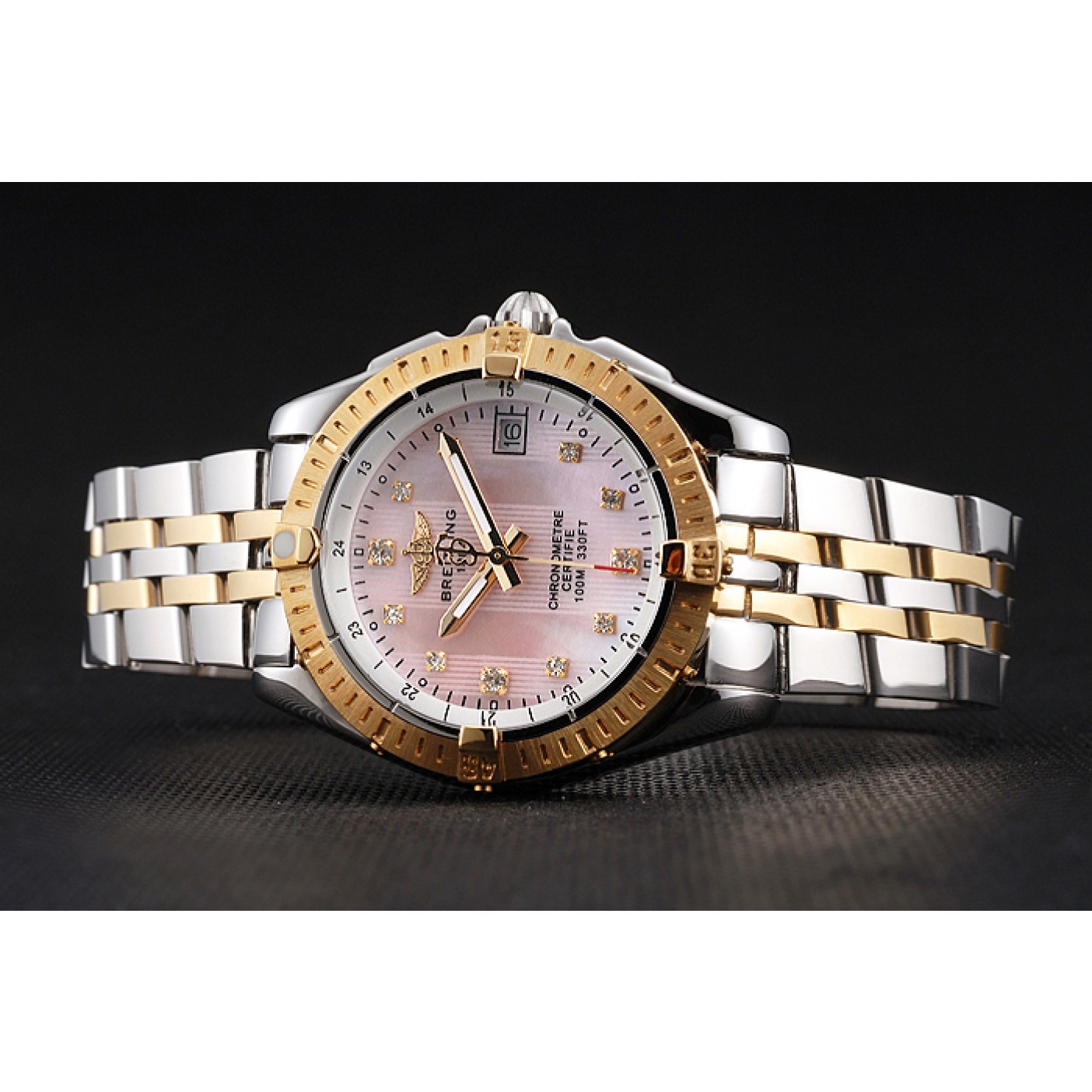 MiroTime Breitling Colt Lady Pink Dial Diamond Hour Marks Gold Bezel Stainless Steel Case Two Tone Bracelet