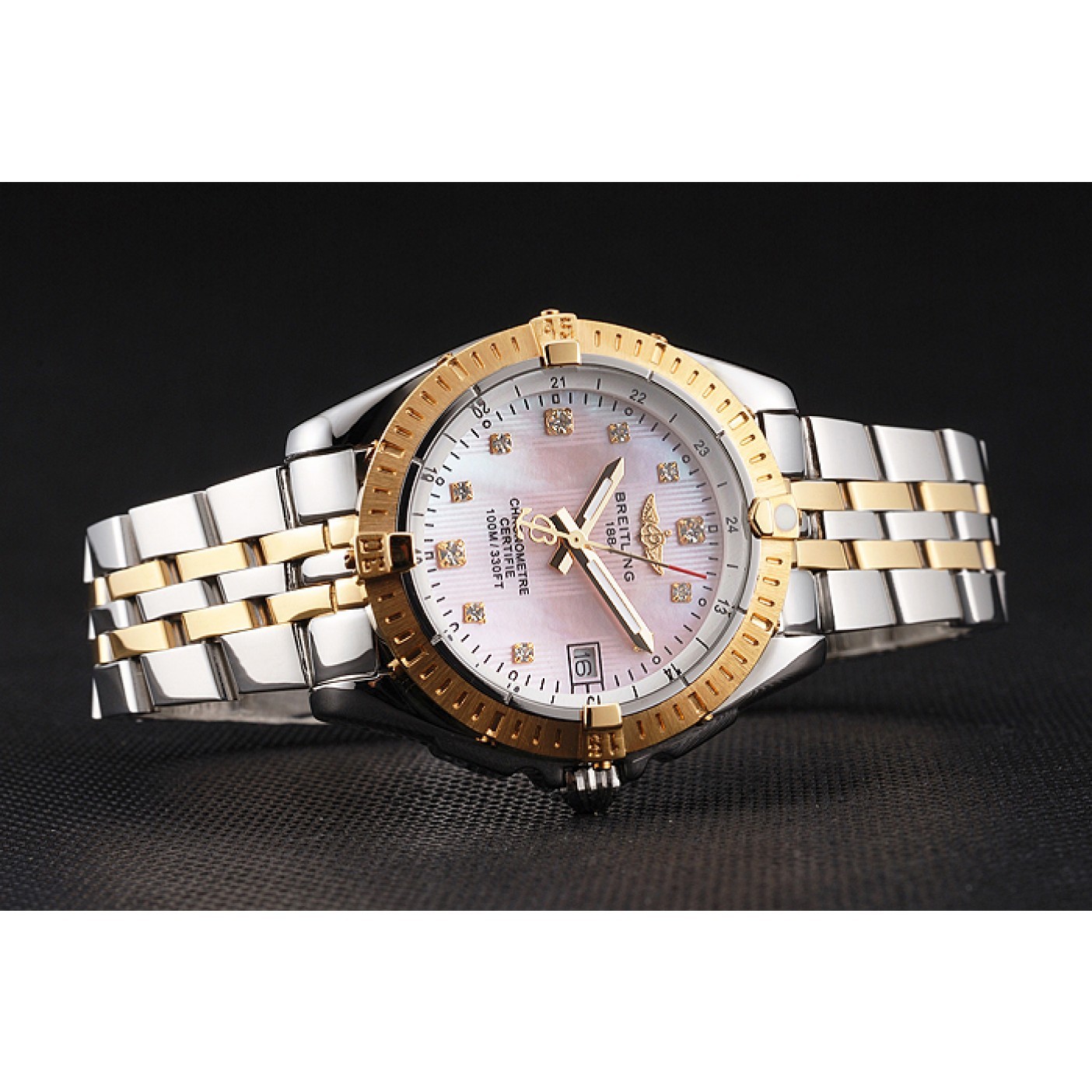 MiroTime Breitling Colt Lady Pink Dial Diamond Hour Marks Gold Bezel Stainless Steel Case Two Tone Bracelet