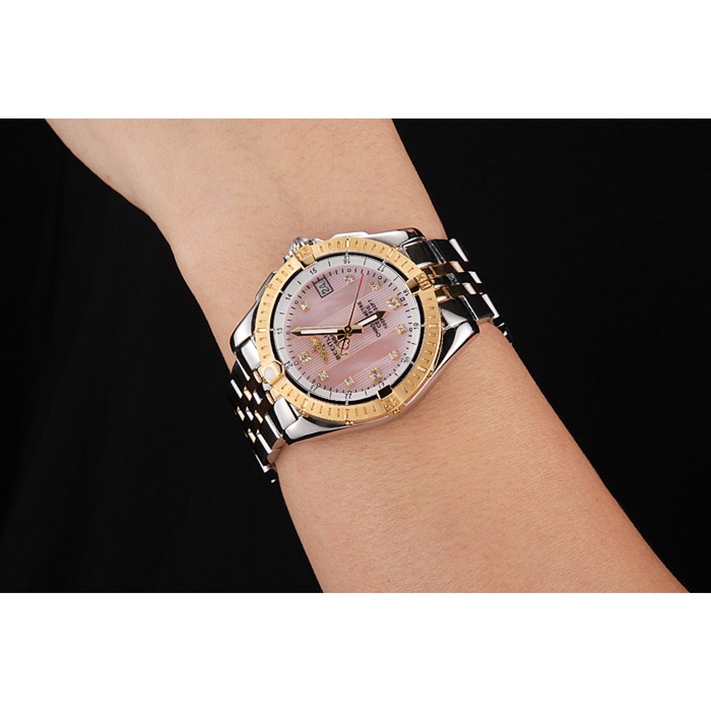 MiroTime Breitling Colt Lady Pink Dial Diamond Hour Marks Gold Bezel Stainless Steel Case Two Tone Bracelet