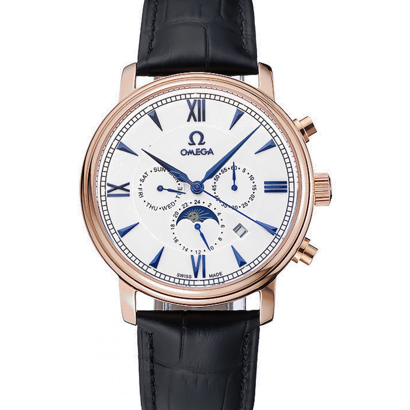 MiroTime Omega De Ville Moonphase White Dial Rose Gold Case Black Leather Bracelet 1454227