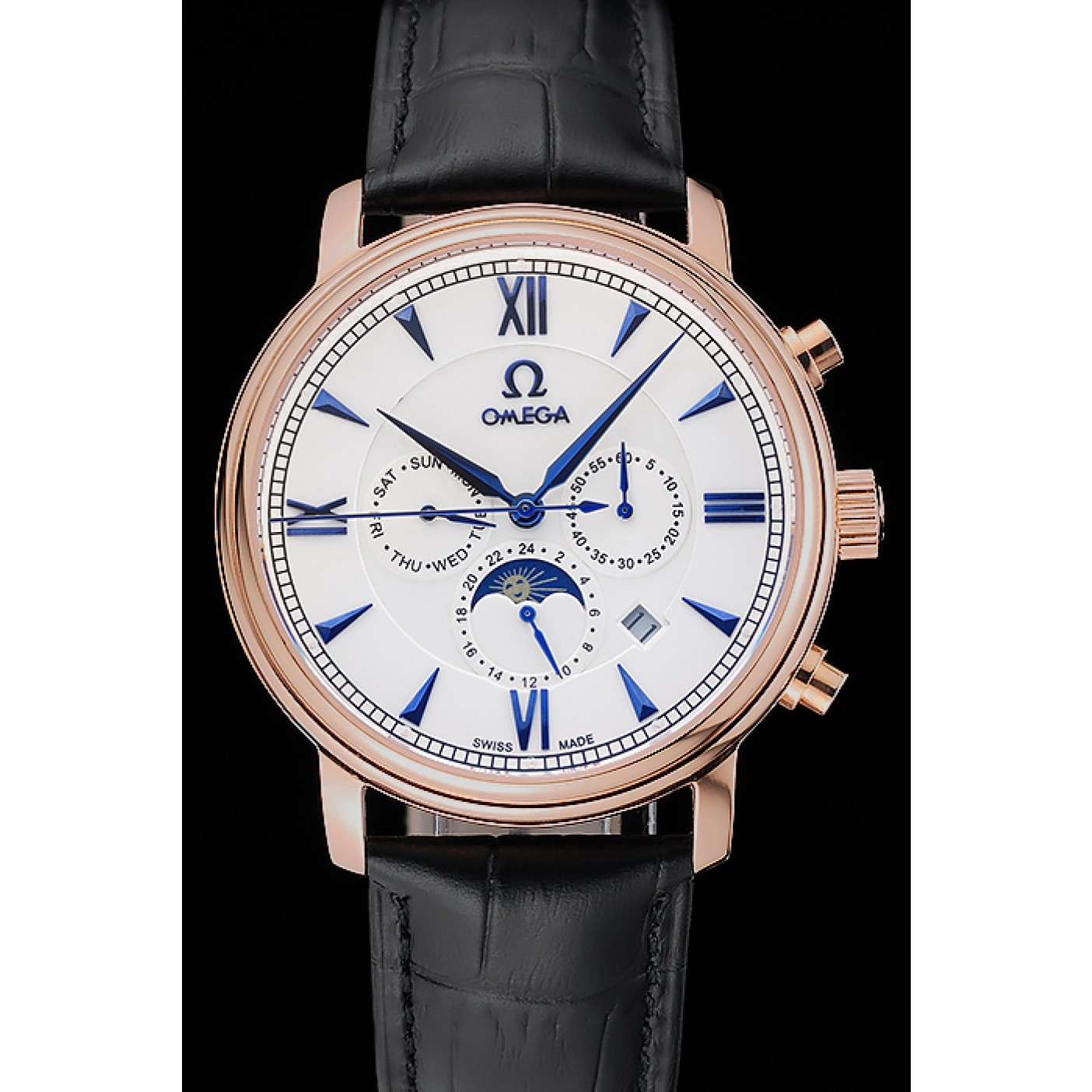 MiroTime Omega De Ville Moonphase White Dial Rose Gold Case Black Leather Bracelet 1454227