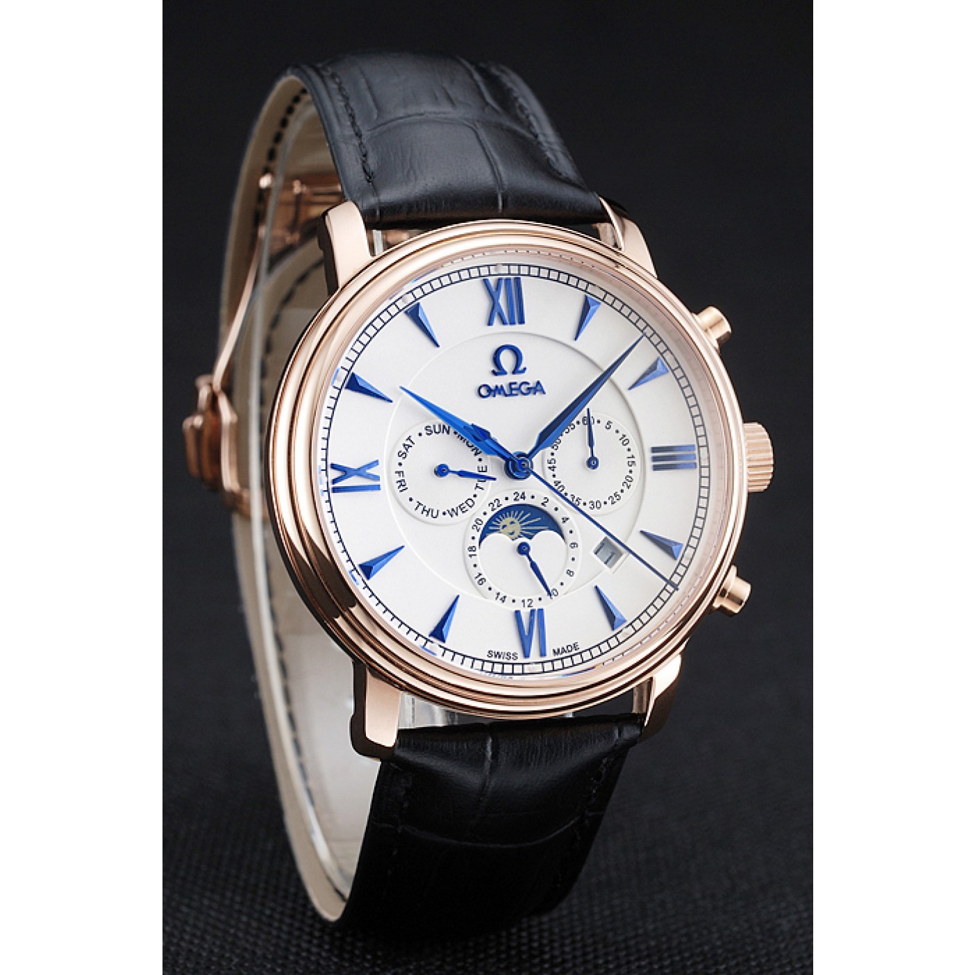 MiroTime Omega De Ville Moonphase White Dial Rose Gold Case Black Leather Bracelet 1454227
