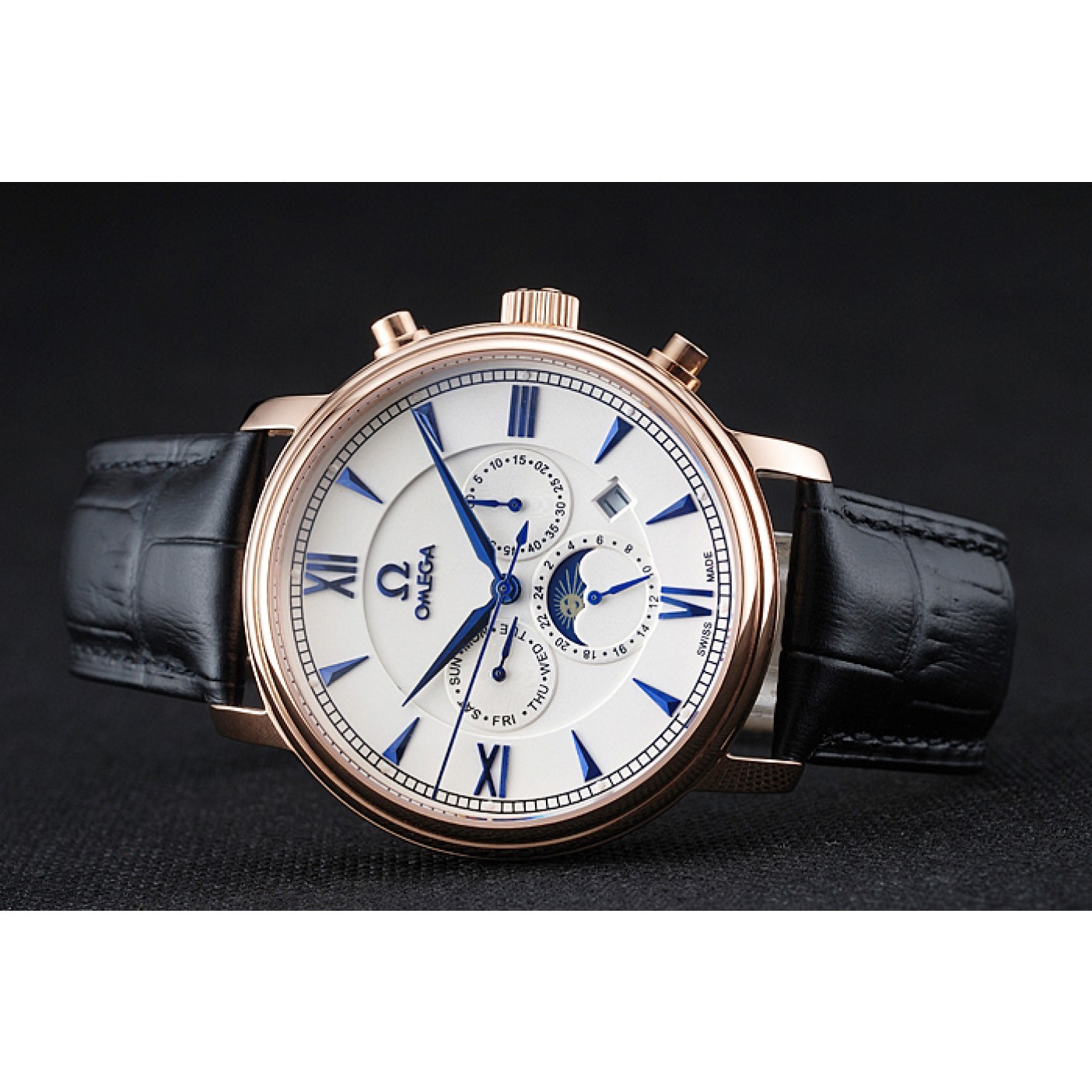 MiroTime Omega De Ville Moonphase White Dial Rose Gold Case Black Leather Bracelet 1454227