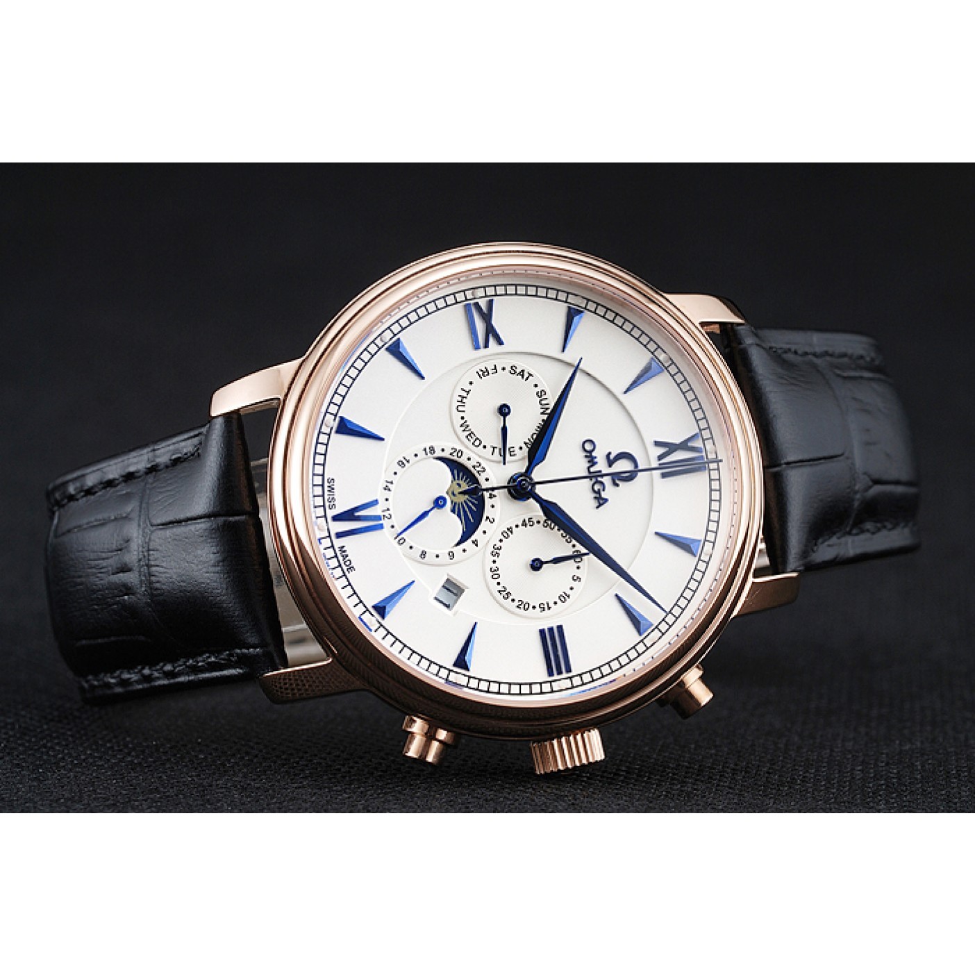 MiroTime Omega De Ville Moonphase White Dial Rose Gold Case Black Leather Bracelet 1454227