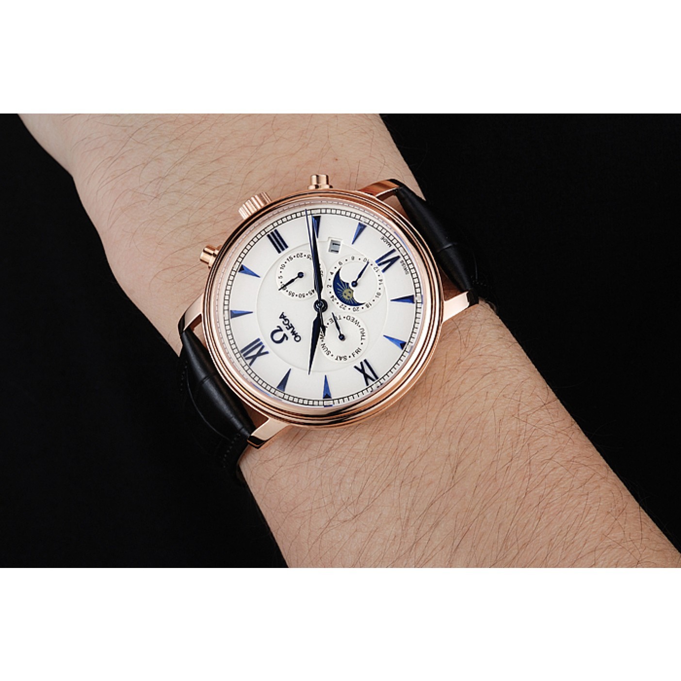 MiroTime Omega De Ville Moonphase White Dial Rose Gold Case Black Leather Bracelet 1454227